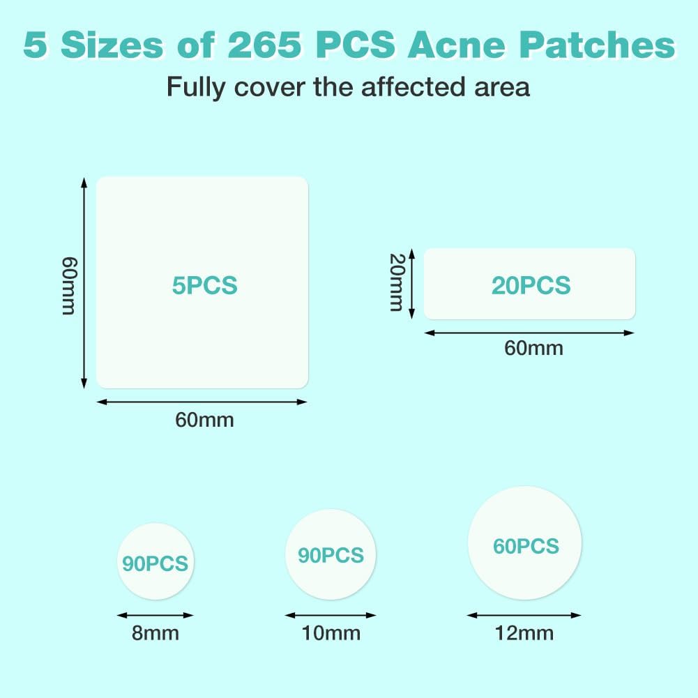 Shows the different sizes of acne patches available to fully cover affected areas of various sizes.
