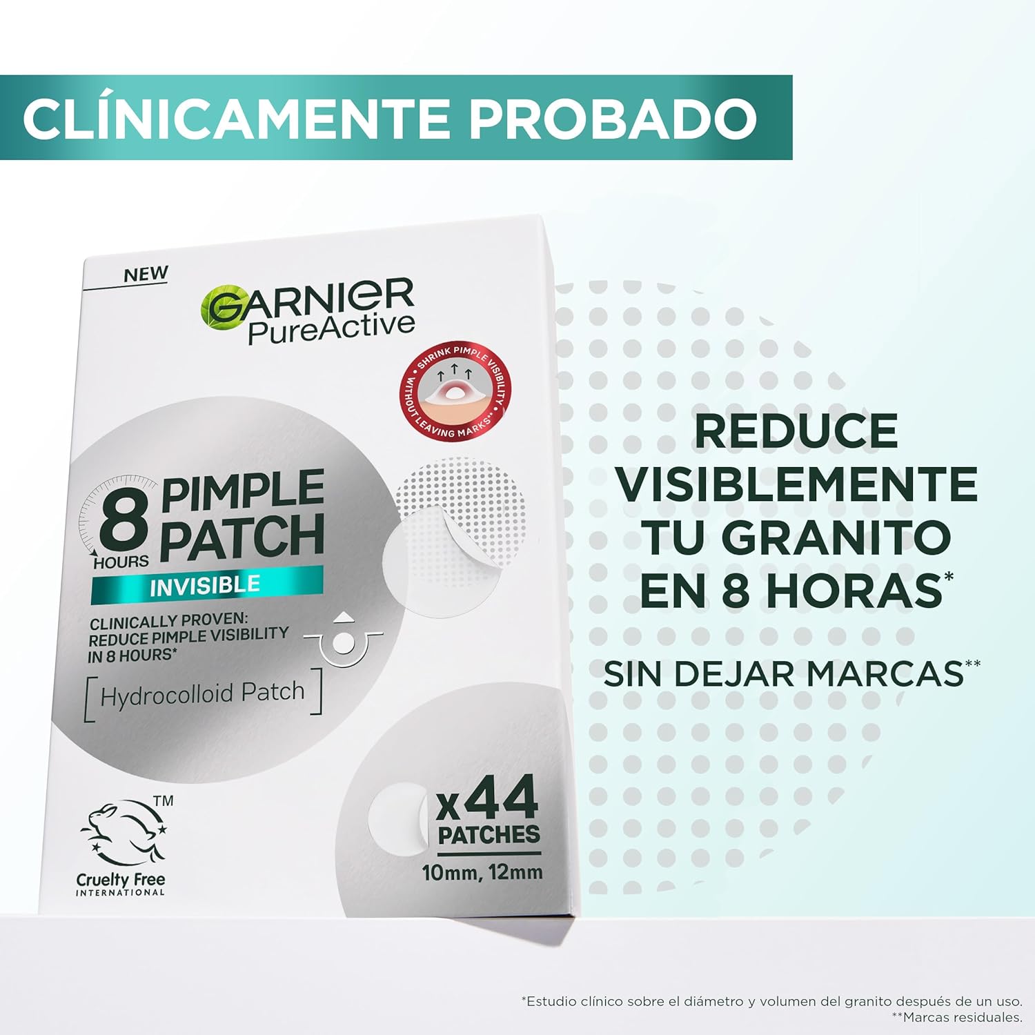 Highlights the product's ability to visibly reduce pimples in 8 hours without leaving marks, emphasizing its fast-acting and gentle nature.