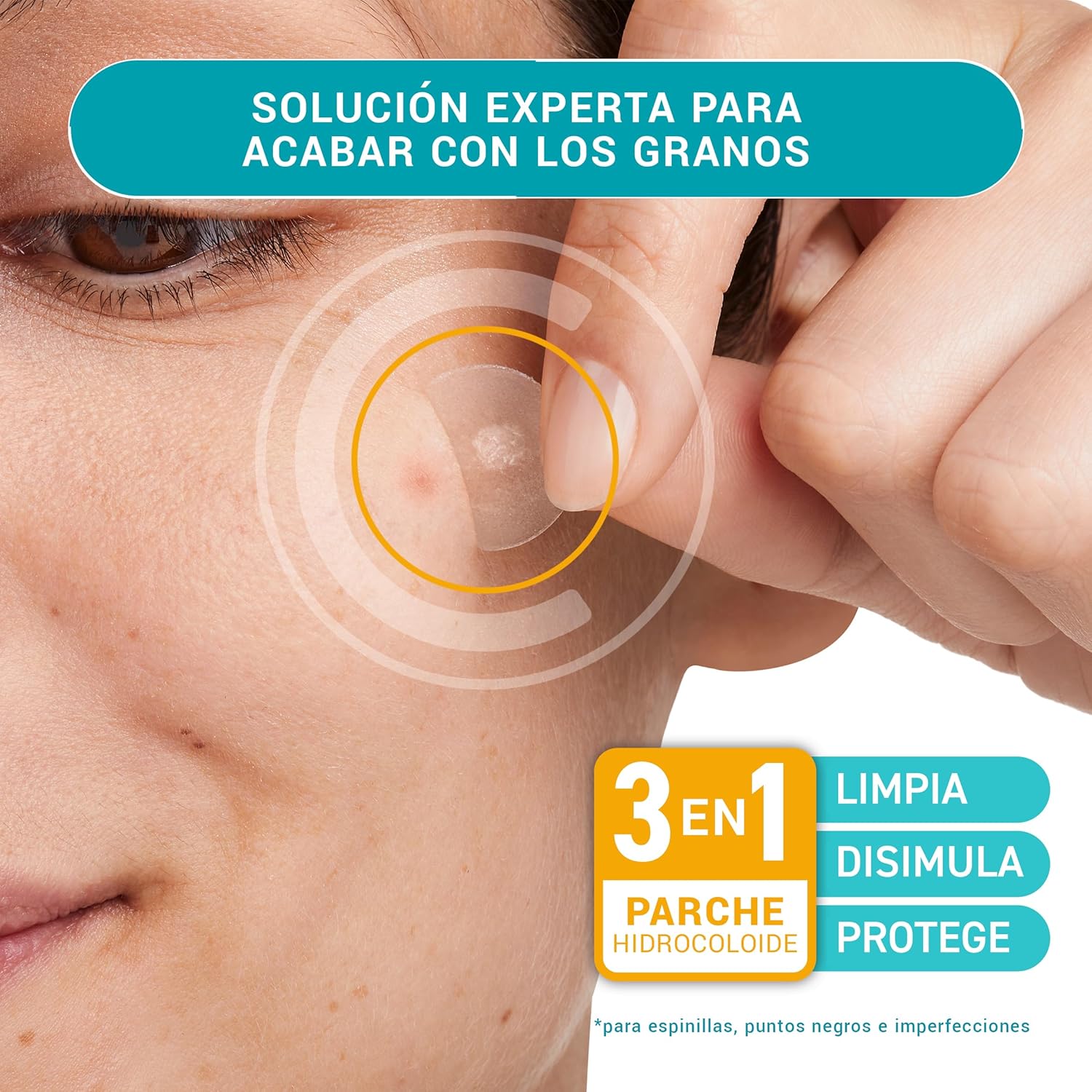 Highlights the product's ability to effectively treat acne and blemishes using a 3-in-1 hydrocolloid patch solution.