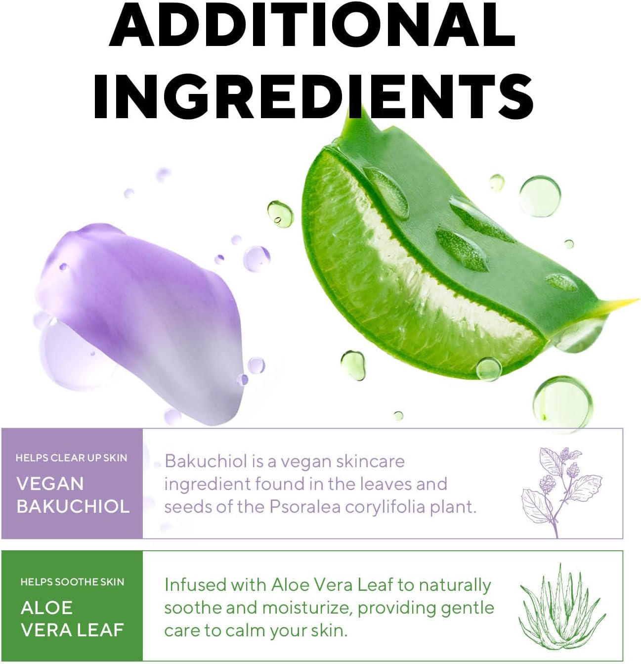 Highlights two key ingredients and their benefits for skincare: Bakuchiol for clearing skin and Aloe Vera for soothing.