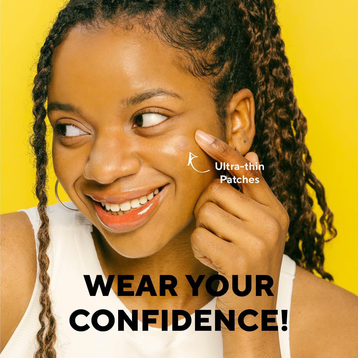 Highlights the product's ultra-thin patches to emphasize comfort and discretion, encouraging confidence in wearing the product.