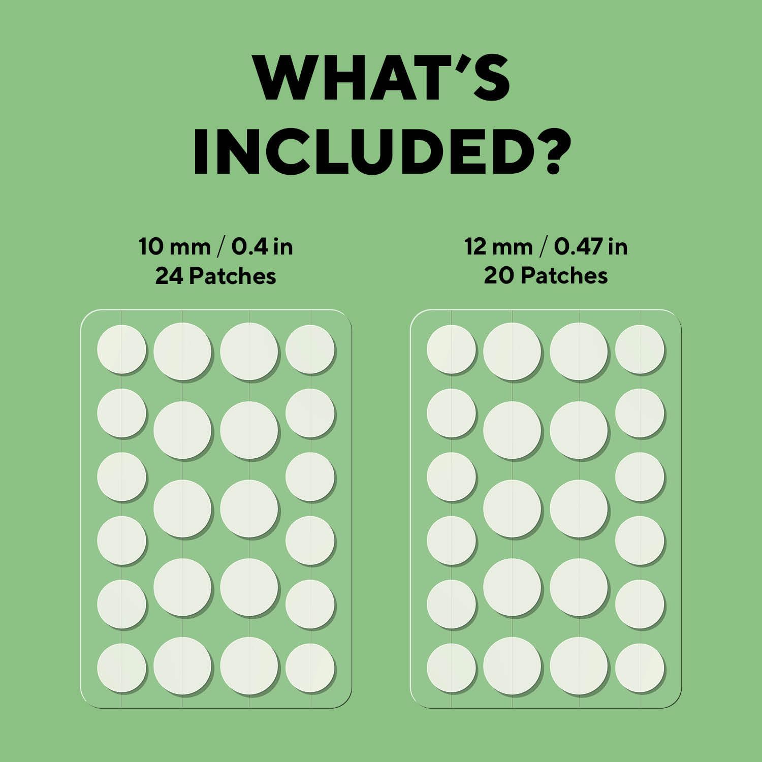 Shows the exact contents of the product package, detailing the number and sizes of patches included.