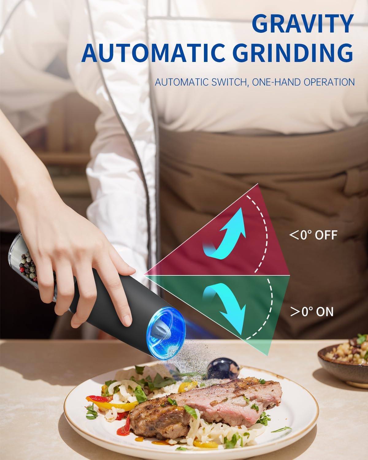 Highlights the product's automatic grinding feature activated by gravity, emphasizing ease of use with one-hand operation.