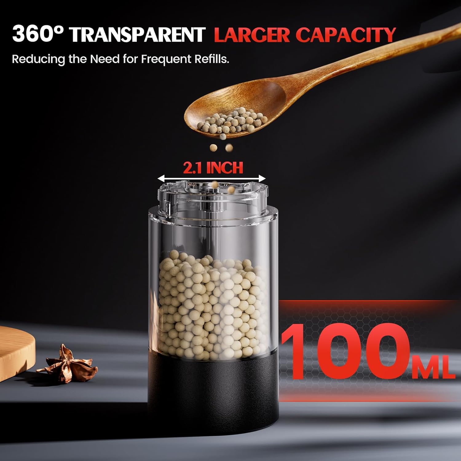 Highlights the product's transparent design and increased capacity to show how it reduces the need for frequent refills. Provides specific dimensions and capacity to give shoppers a clear…