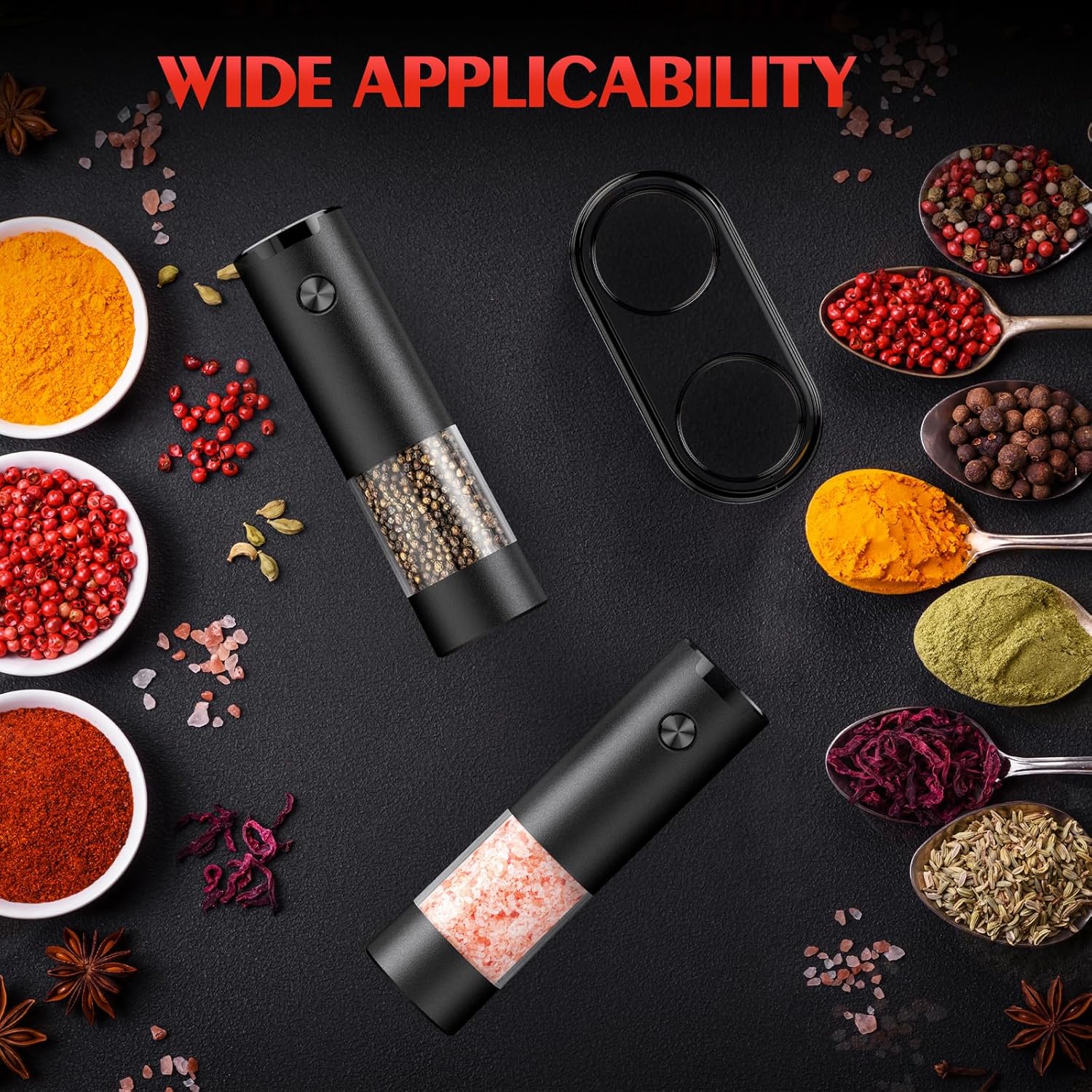 Demonstrates the wide range of spices and seasonings that can be used with the product, showcasing its versatility in the kitchen.