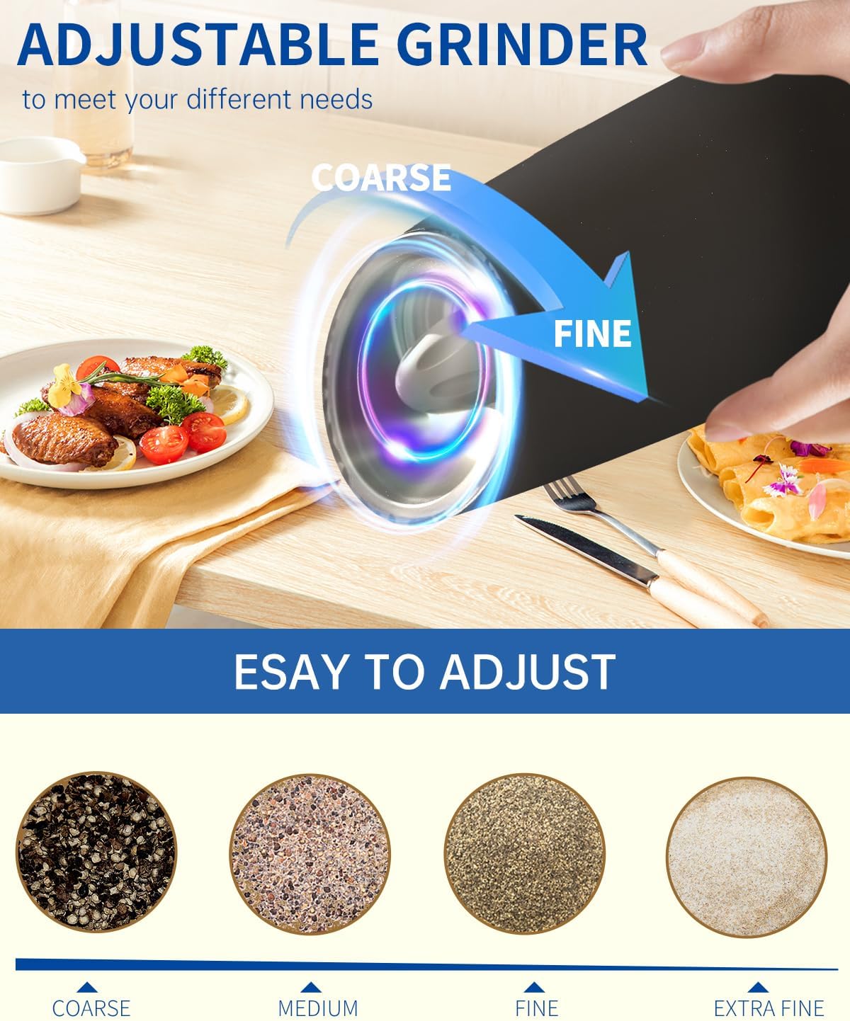 Highlights the product's adjustable grinding feature, showing how it can meet different needs from coarse to fine grinding.
