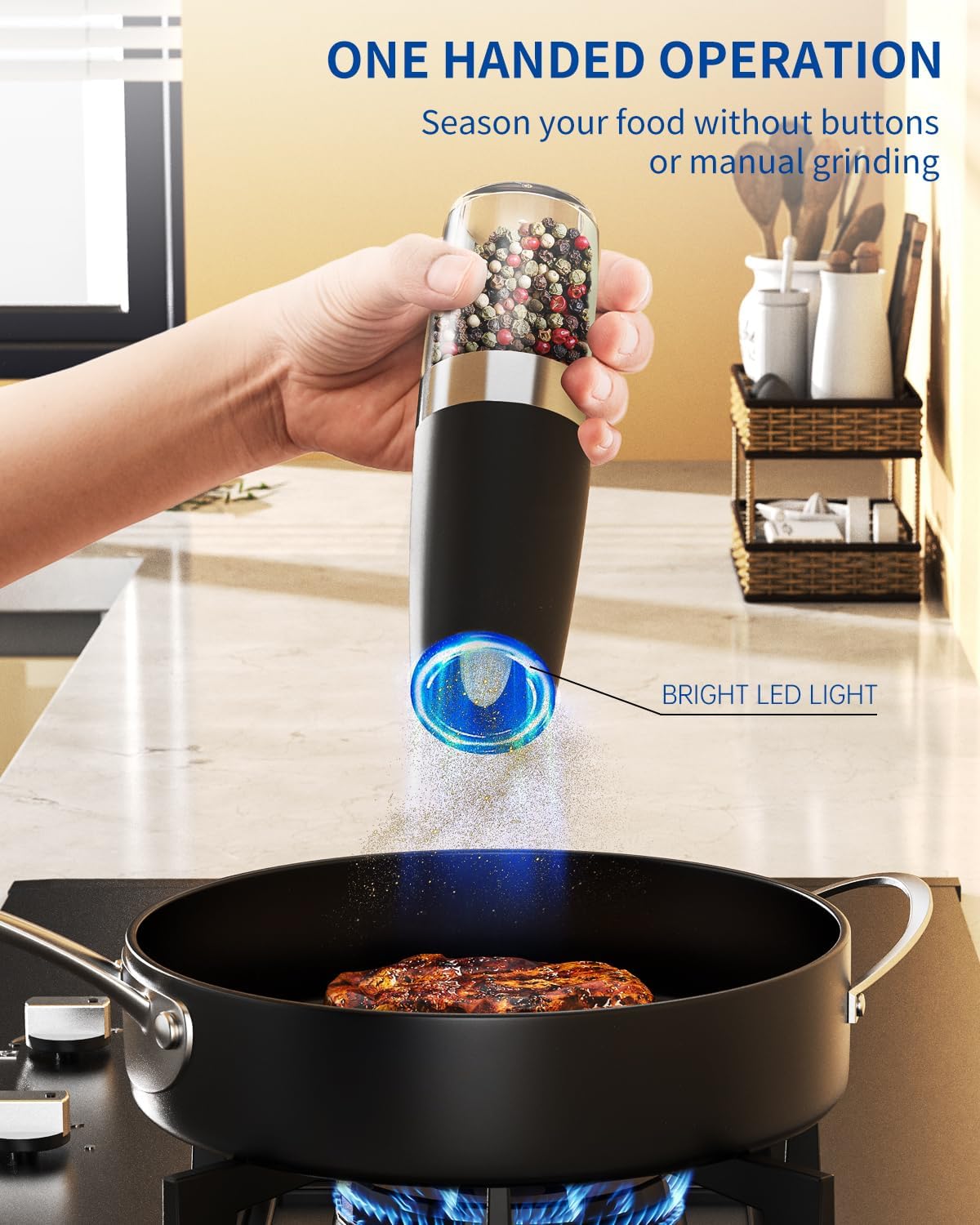 Demonstrates the ease of use by showing how the product can be operated with just one hand, emphasizing convenience for cooking.