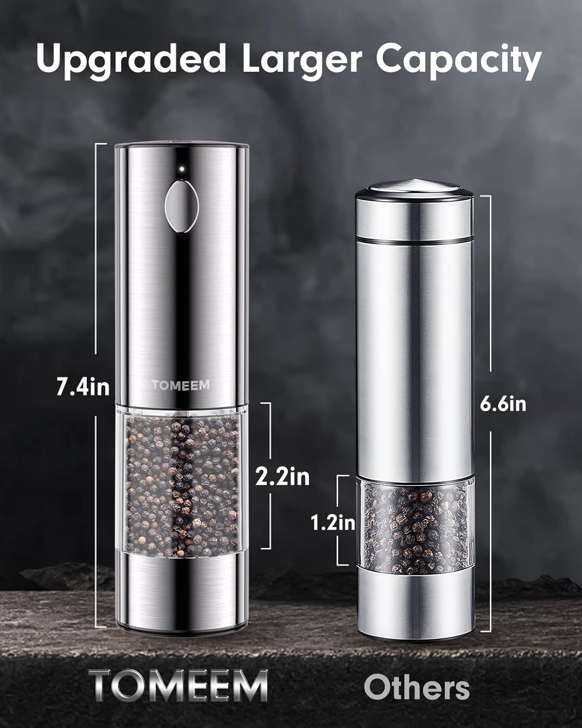 Demonstrates the increased size and capacity of the Tomeem pepper grinder compared to other brands. Visually compares the Tomeem pepper grinder to a generic competitor, highlighting its larger size…