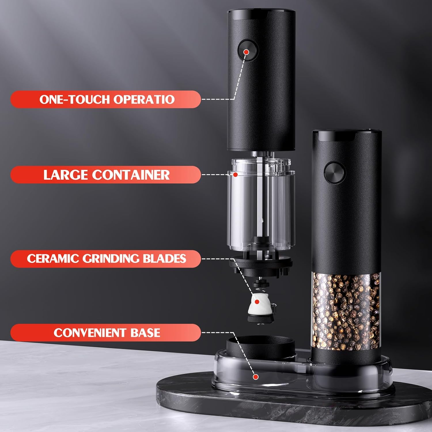 Highlights key features and components of the electric pepper grinder to showcase its ease of use and functionality.