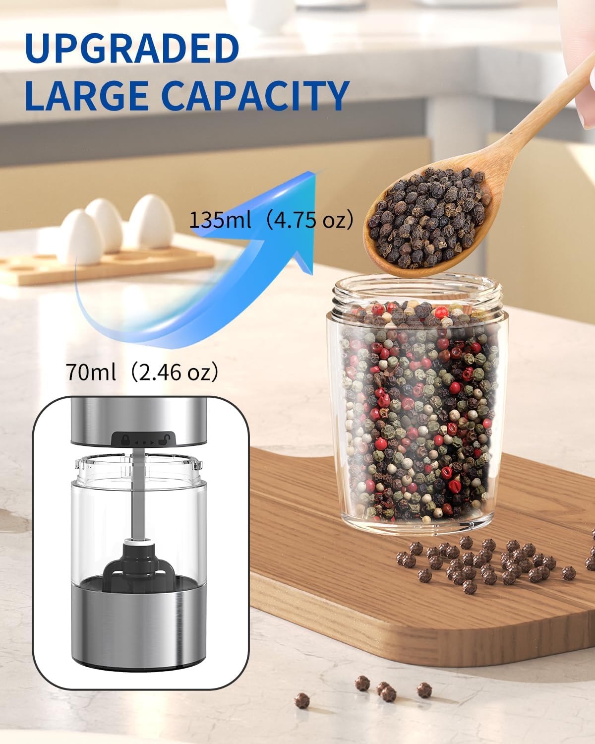 Highlights the upgraded larger capacity of the product, showing the increase from 70ml to 135ml. Demonstrates the product's improved capacity and upgraded design to show its enhanced functionality.