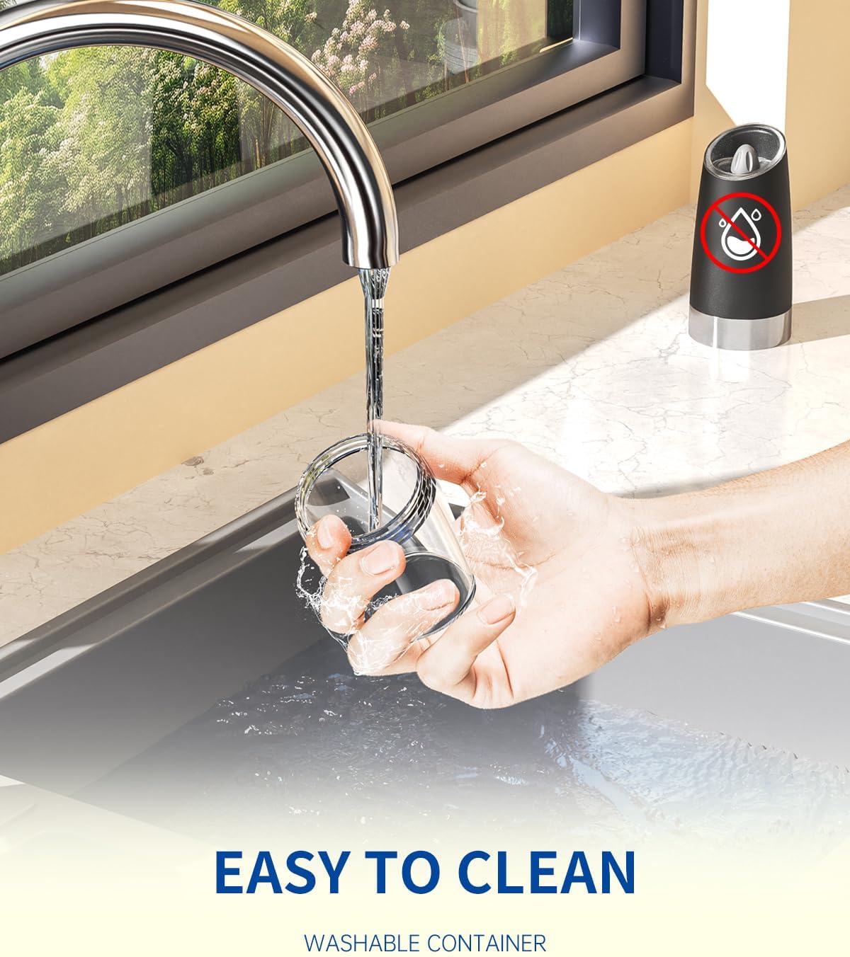 Highlights that the product is easy to clean, showing a hand washing the container under running water.