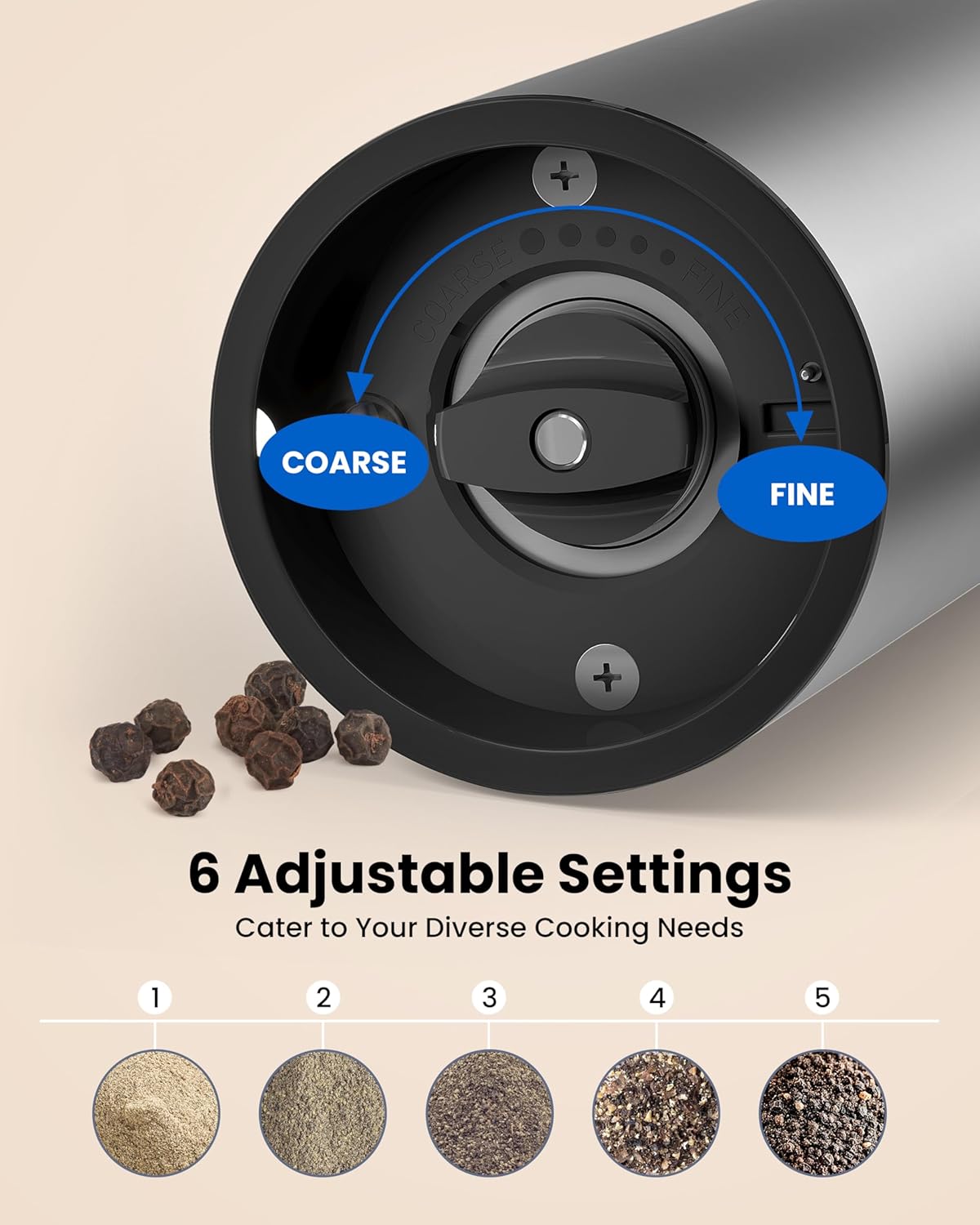 Demonstrates the product's adjustable grind settings from coarse to fine, showcasing its versatility for different cooking needs. Guides users on how to select different grind sizes, from coarse to…