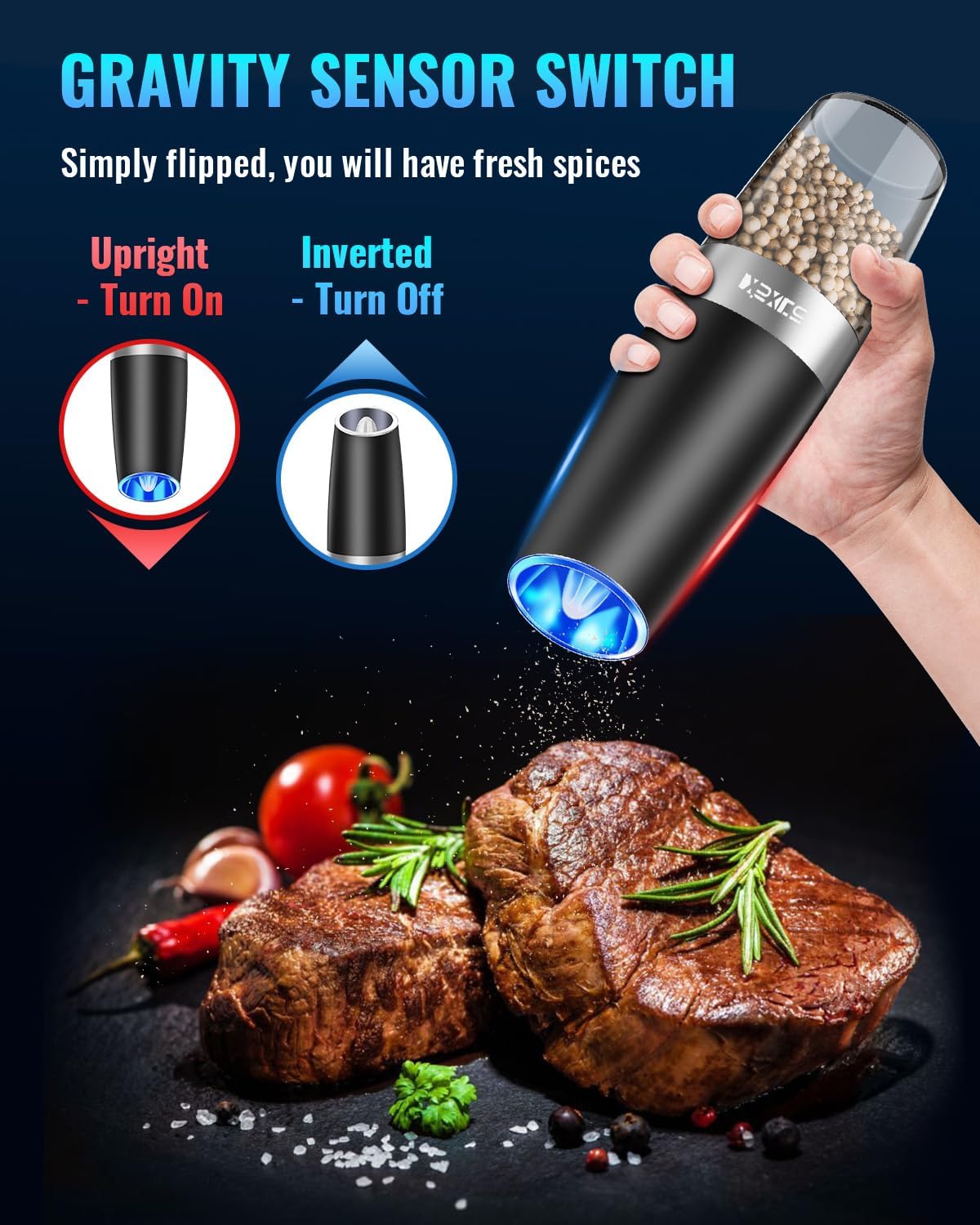 Demonstrates the product's unique gravity sensor feature that automatically turns the spice grinder on when upright and off when inverted.
