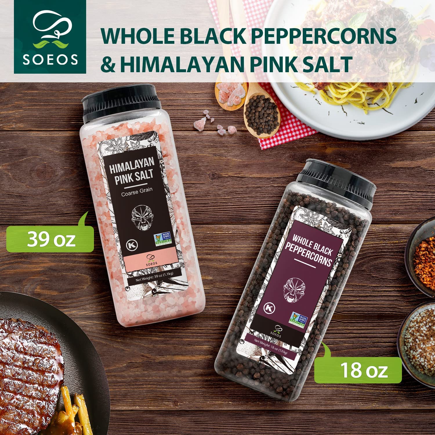Soeos Himalayan Pink Salt 39 oz + Whole Black Peppercorns 18 oz: Infographics