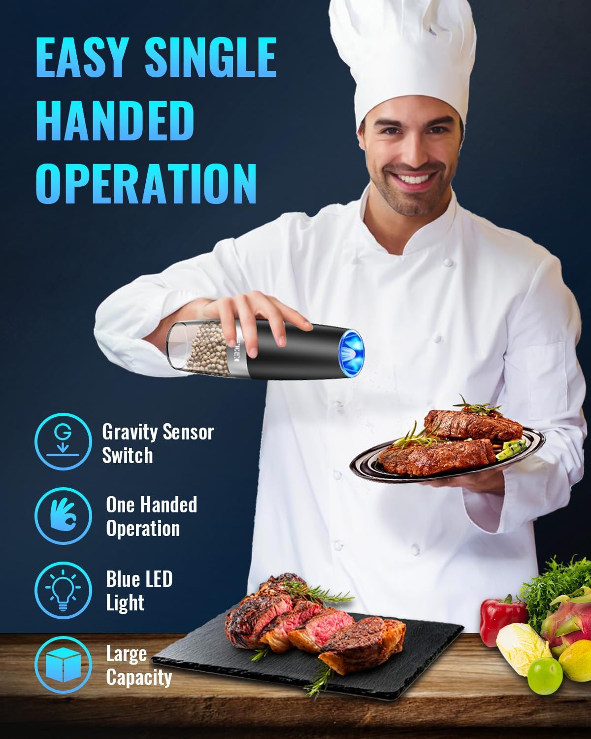 Highlights multiple features of the product to showcase its ease of use and functionality for cooking professionals.