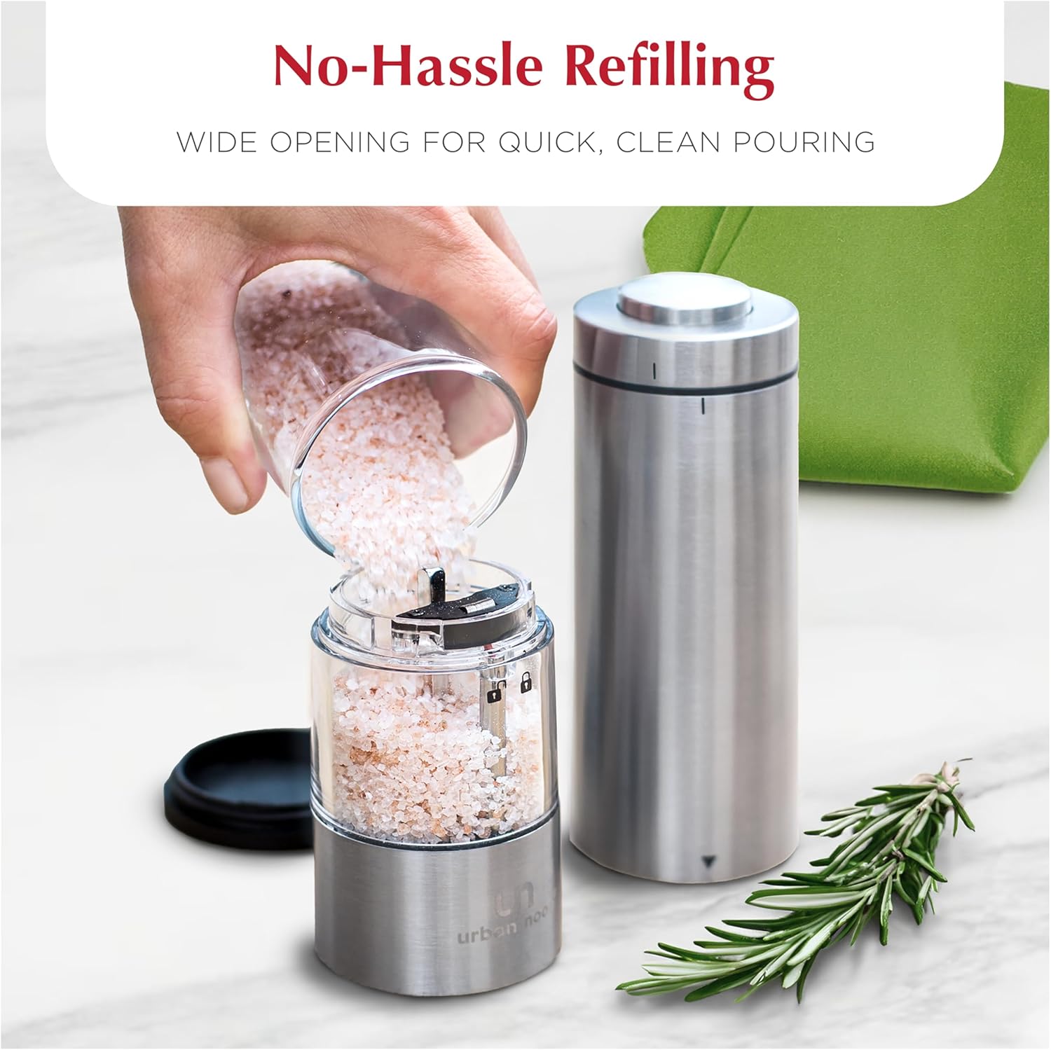 Demonstrates the product's wide opening design for quick and clean refilling, emphasizing convenience for the user.