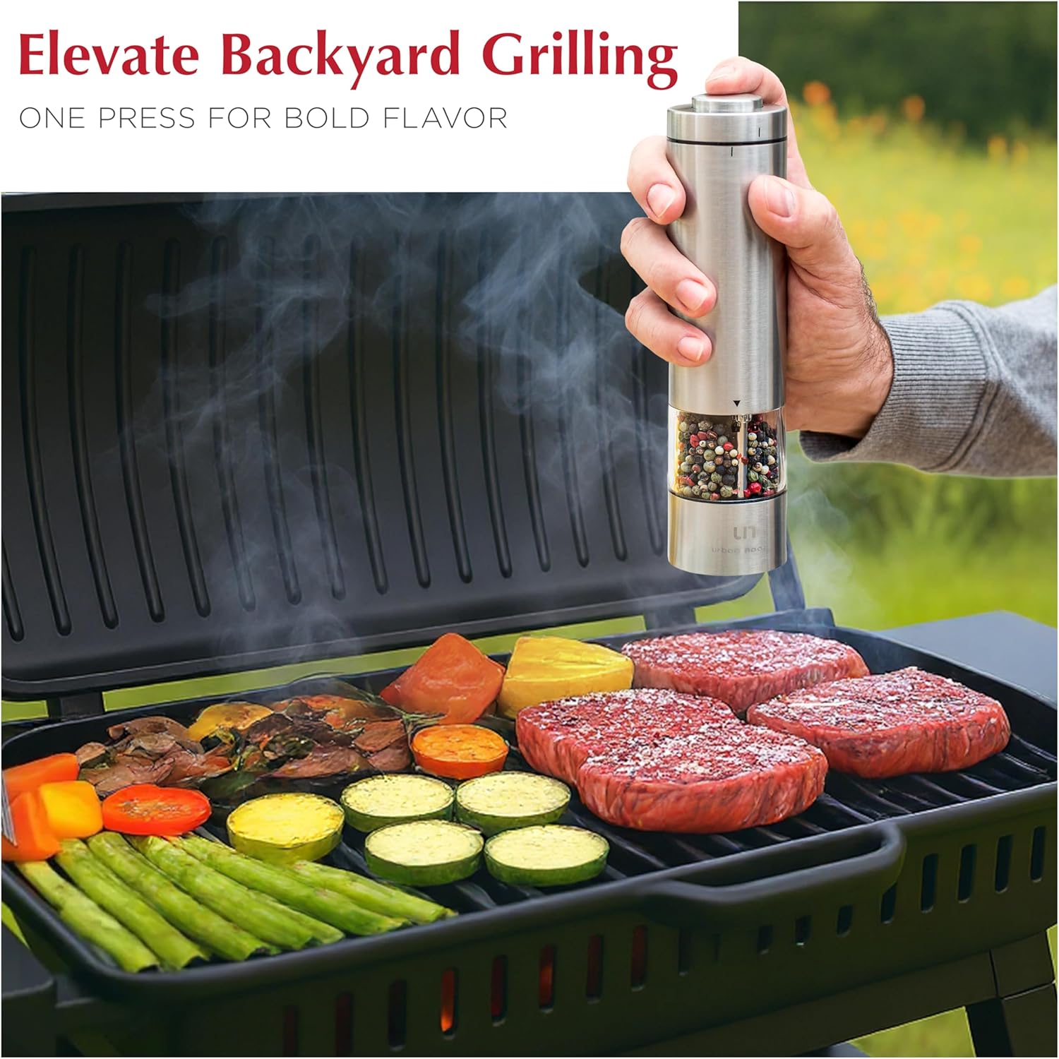 Demonstrates how the product easily enhances flavor with a single press, simplifying the grilling process. Shows the product in use during a backyard grilling scenario, emphasizing its practical…