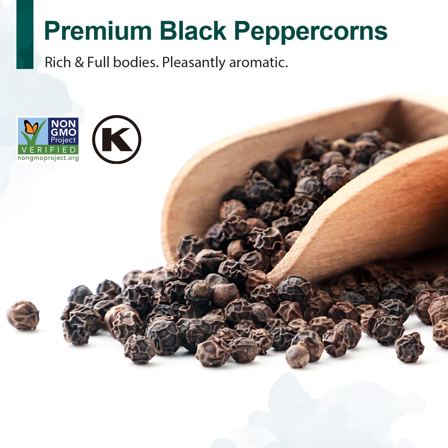 Highlights the premium quality of the black peppercorns while emphasizing certifications to appeal to health-conscious consumers.