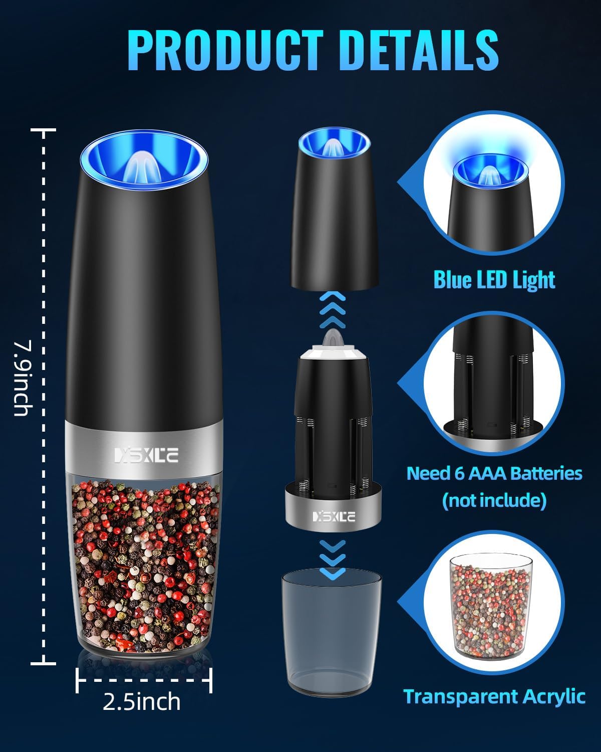 Highlights key features of the electric pepper grinder, including its blue LED light, battery compartment, and transparent acrylic container for easy viewing of contents.