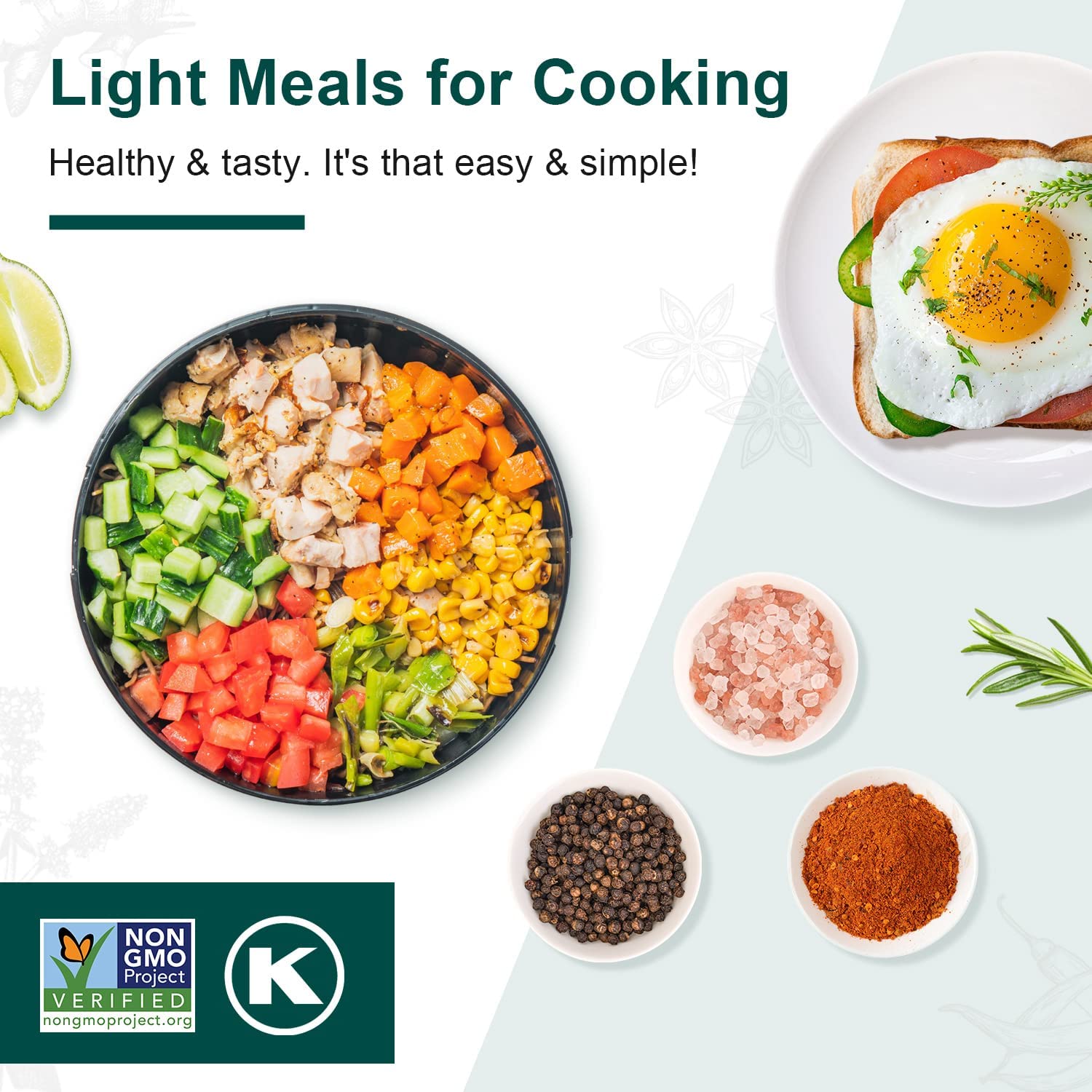 Showcases different light and healthy meal options to demonstrate the versatility and ease of preparing nutritious dishes. Highlights multiple benefits of the product or meal options: health,…