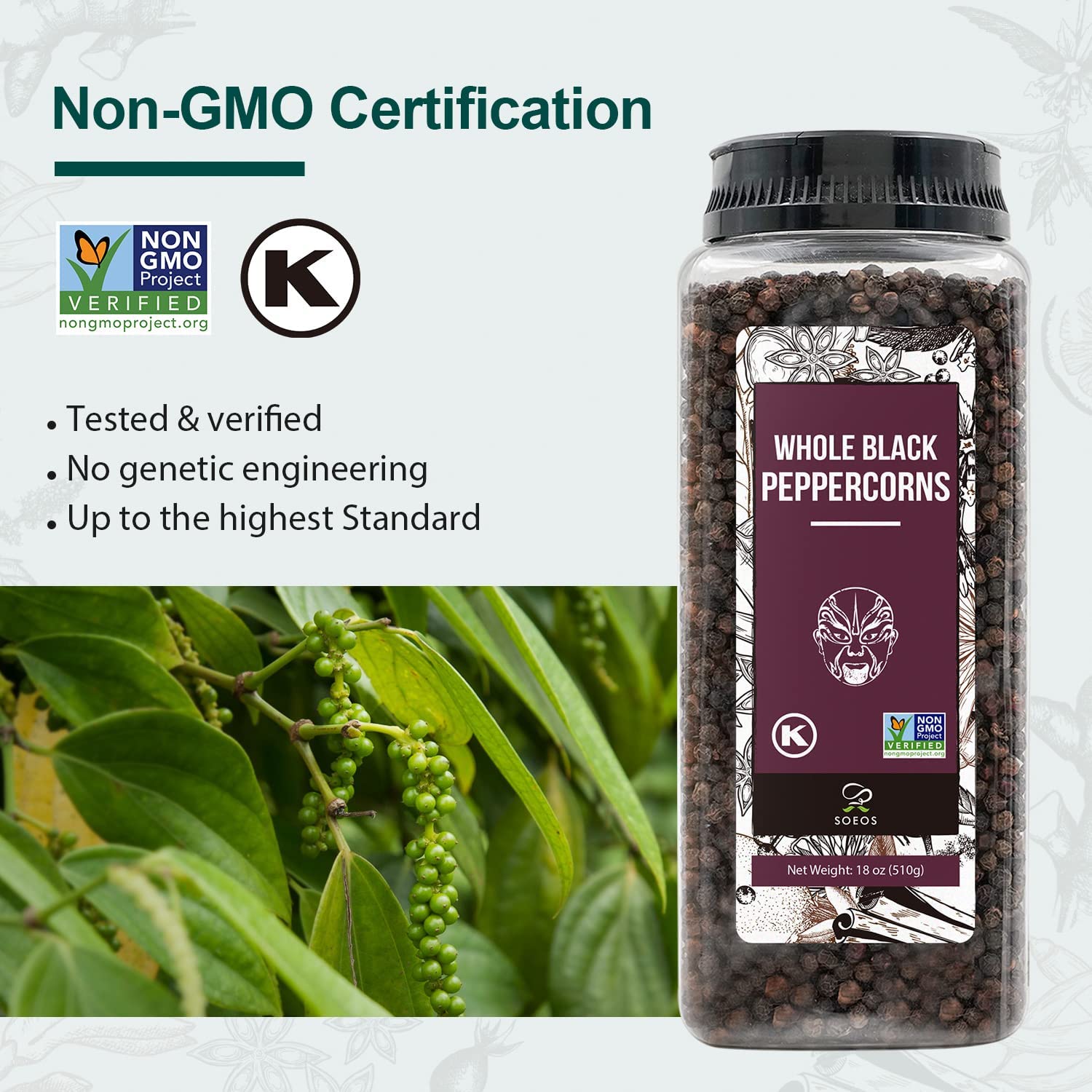Highlights the product's Non-GMO certification to reassure customers about the safety and quality of the whole black peppercorns.
