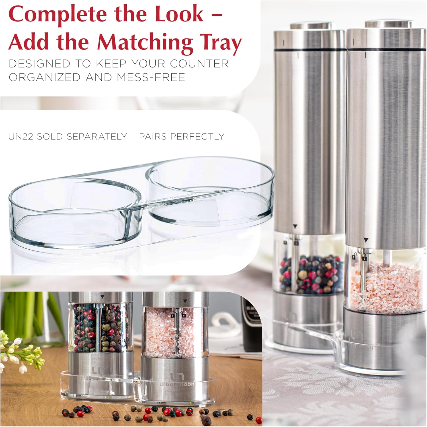 Shows an additional accessory (tray) that pairs with the main product to create a complete set and keep counters organized. Demonstrates how the product and accessory work together to keep kitchen…