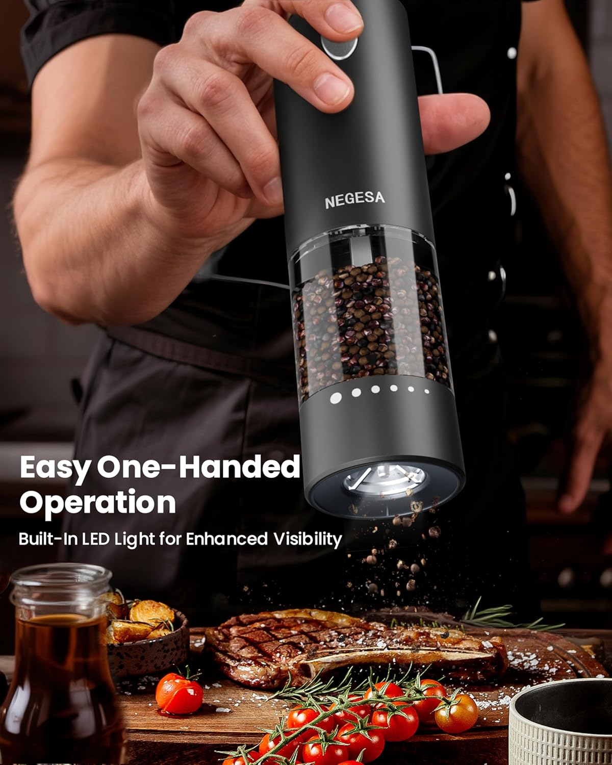 Demonstrates the ease of using the product with just one hand, emphasizing its user-friendly design. Shows how to use the product's built-in LED light feature for better visibility while seasoning…