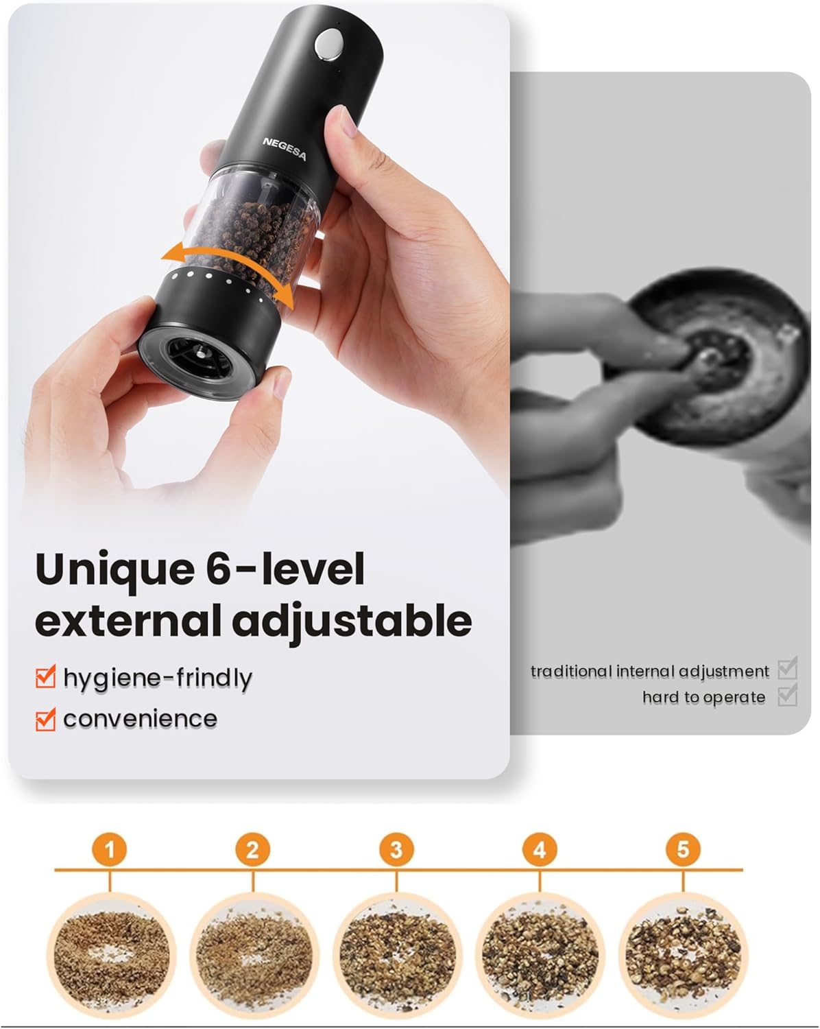 Highlights the unique 6-level external adjustable grinding feature, emphasizing its hygiene-friendly and convenient design compared to traditional internal adjustments.