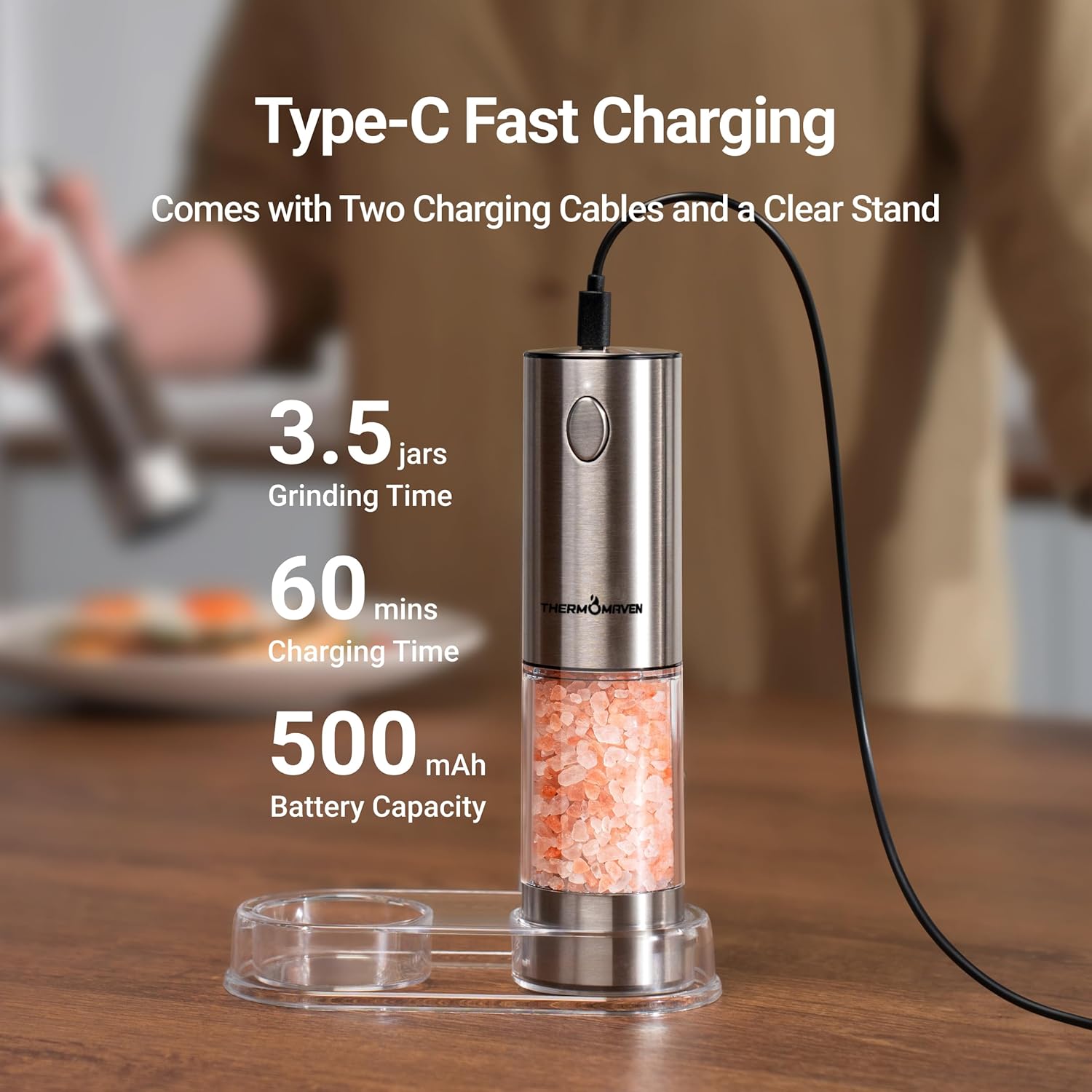 Highlights key performance metrics of the electric salt/pepper grinder to demonstrate its efficiency and capacity. Informs the customer about additional accessories included with the product to…
