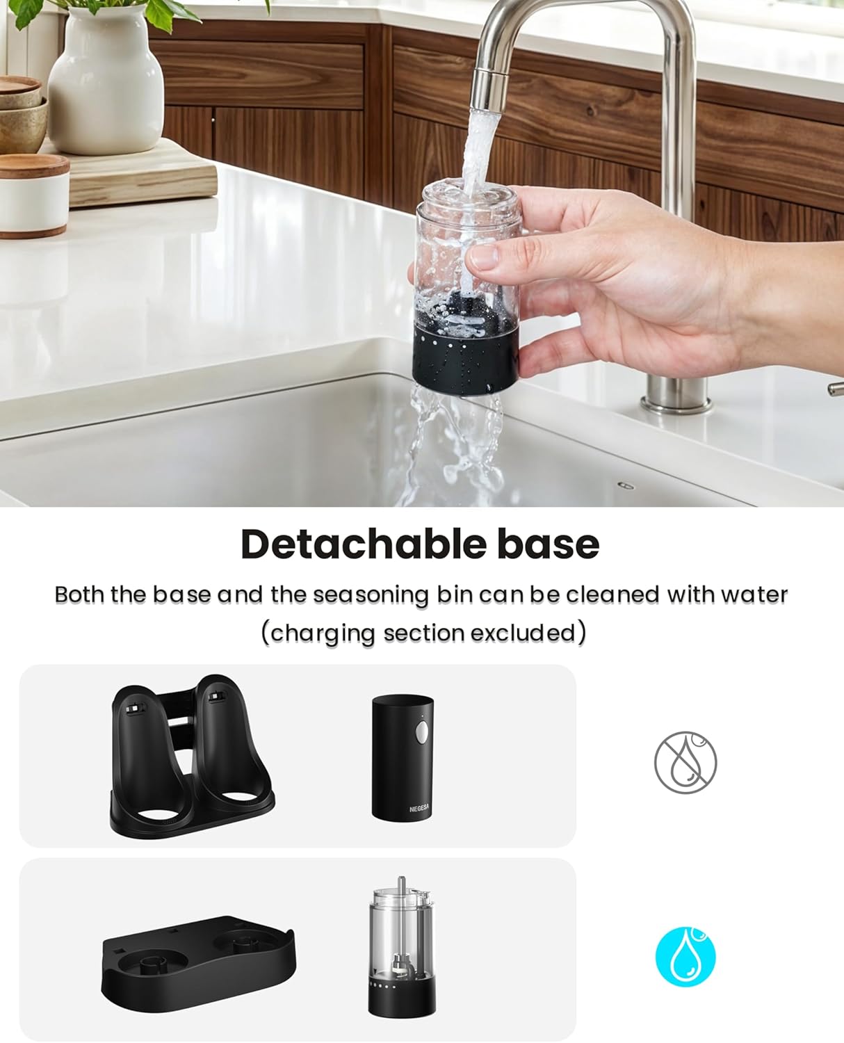 Demonstrates how the product's detachable base allows for easy cleaning of both the base and seasoning bin. Highlights the product's detachable base feature, emphasizing its convenience for cleaning…
