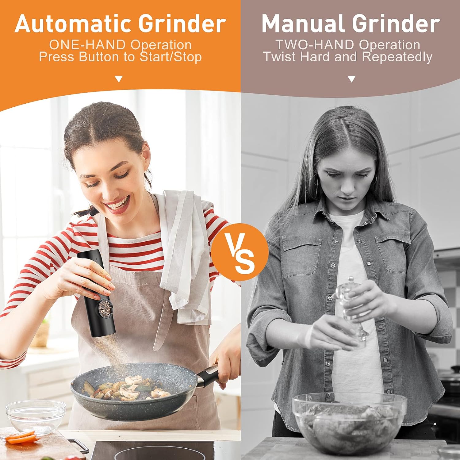 Highlights the superior convenience and efficiency of an automatic grinder compared to a manual one, emphasizing one-handed operation versus two-handed twisting.