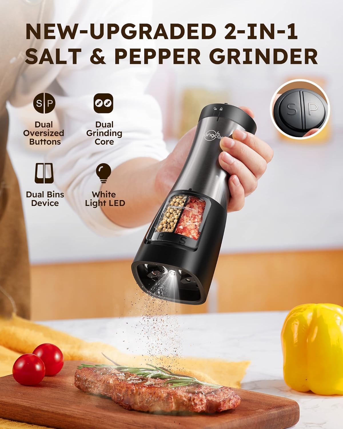 Highlights multiple features of the salt and pepper grinder to show its versatility and ease of use.