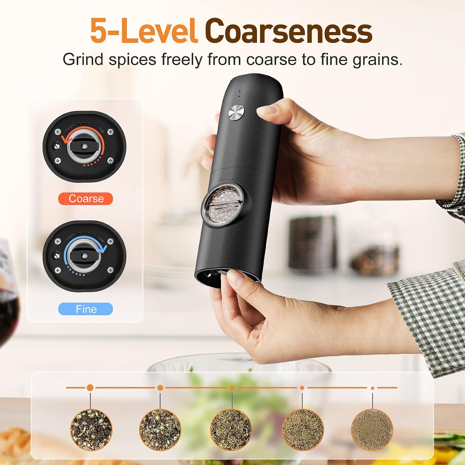 Highlights the product's 5-level coarseness adjustment feature, demonstrating its versatility in grinding spices from coarse to fine grains.