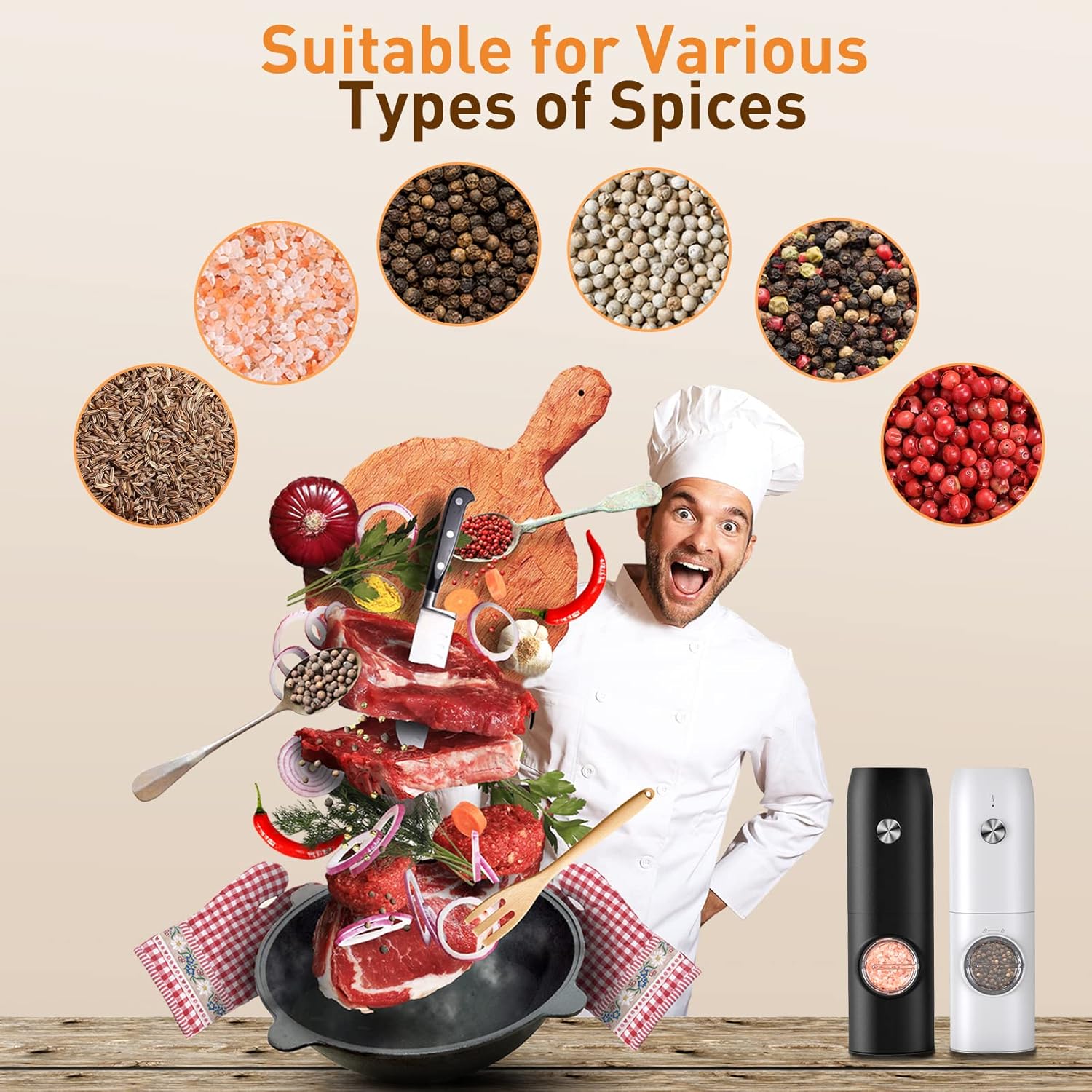 Demonstrates the product's ability to grind various types of spices, showcasing its versatility in the kitchen.
