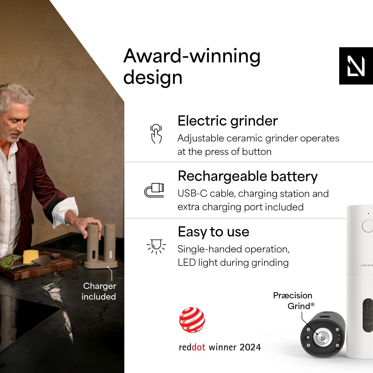 Highlights multiple key features of the product to showcase its functionality, convenience, and award-winning design. Builds credibility by showcasing the product's Red Dot Design Award, indicating…
