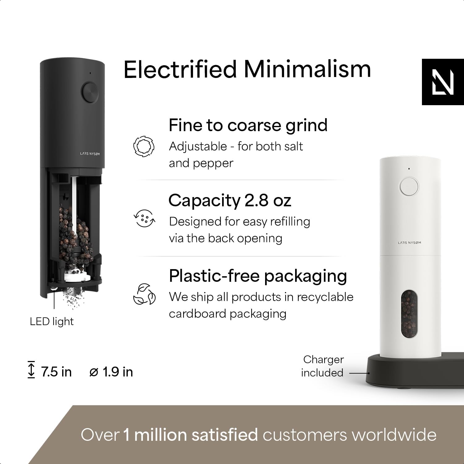 Highlights multiple key features of the electric salt/pepper grinder to showcase its versatility and convenience. Provides exact measurements of the product to help customers understand its size and…