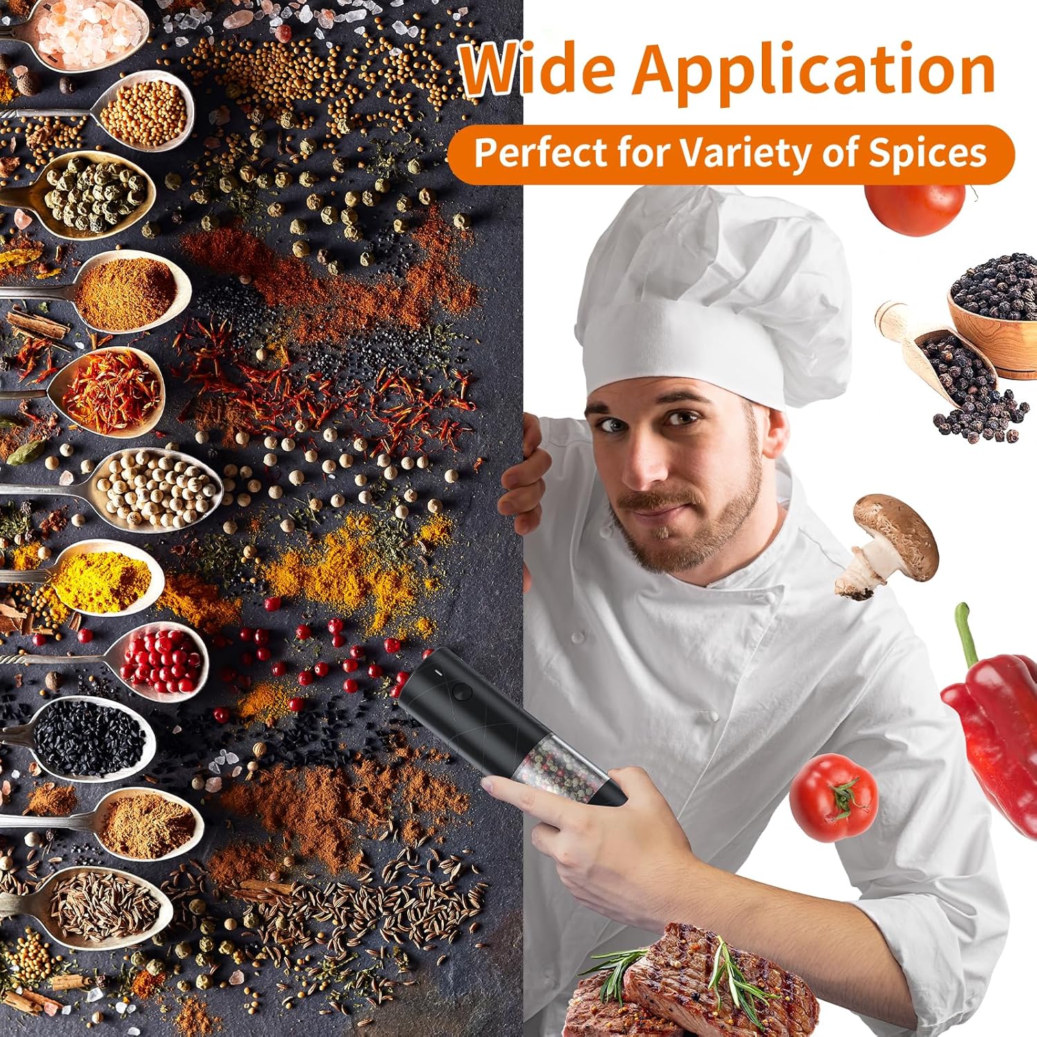 Demonstrates the wide variety of spices and ingredients the product can be used with, showcasing its versatility in the kitchen.