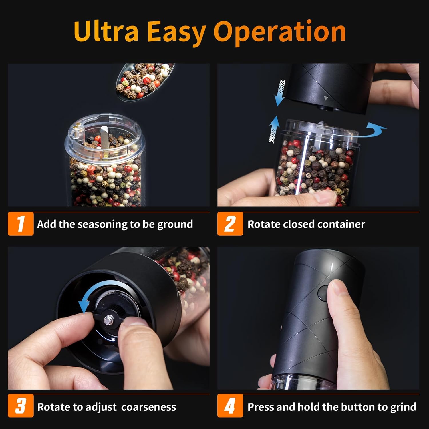 Demonstrates the simple 4-step process to use the product, emphasizing its ease of use for grinding seasonings.