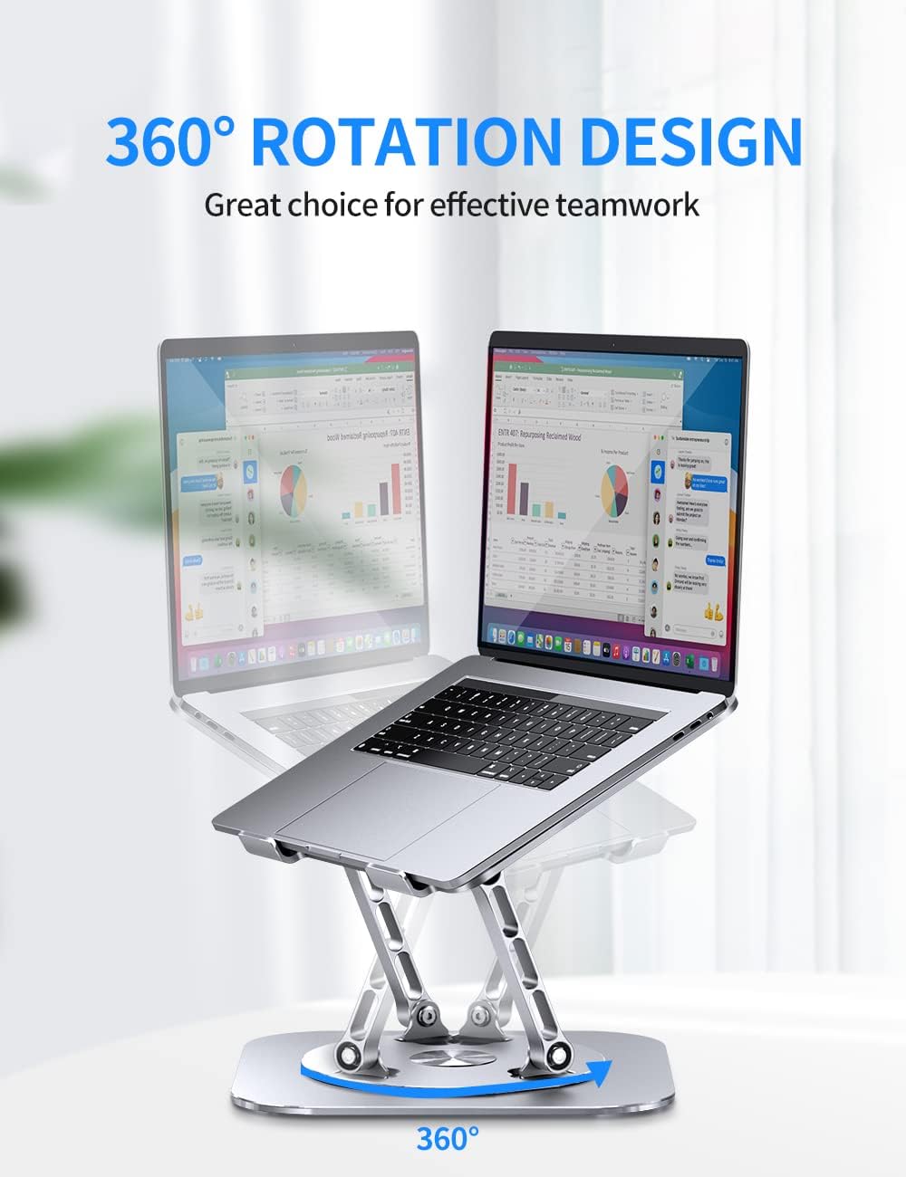 Highlights the product's 360-degree rotation capability, emphasizing its benefit for effective teamwork and collaboration.
