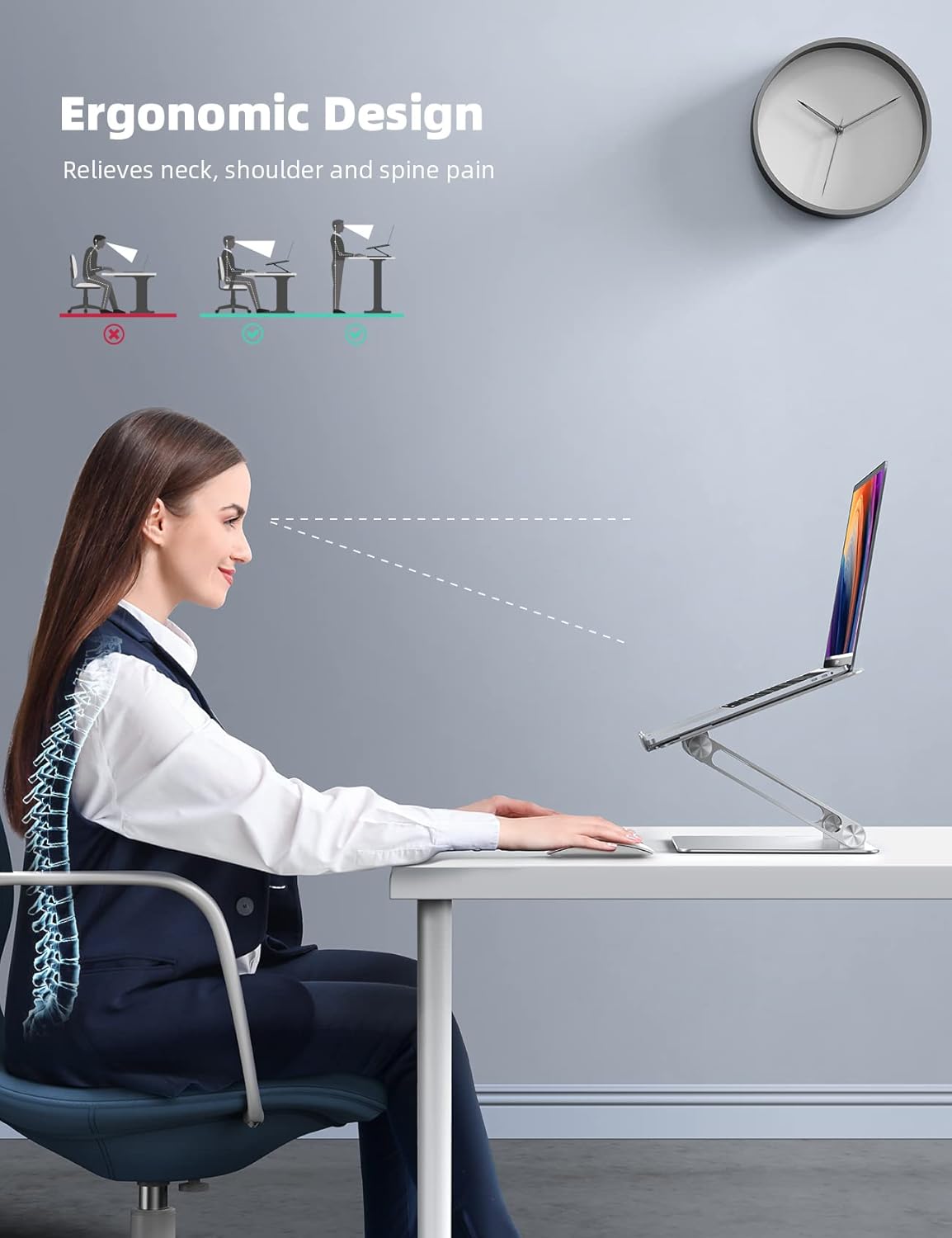Highlights the ergonomic benefits of the product in reducing neck, shoulder, and spine pain for users working at a computer.
