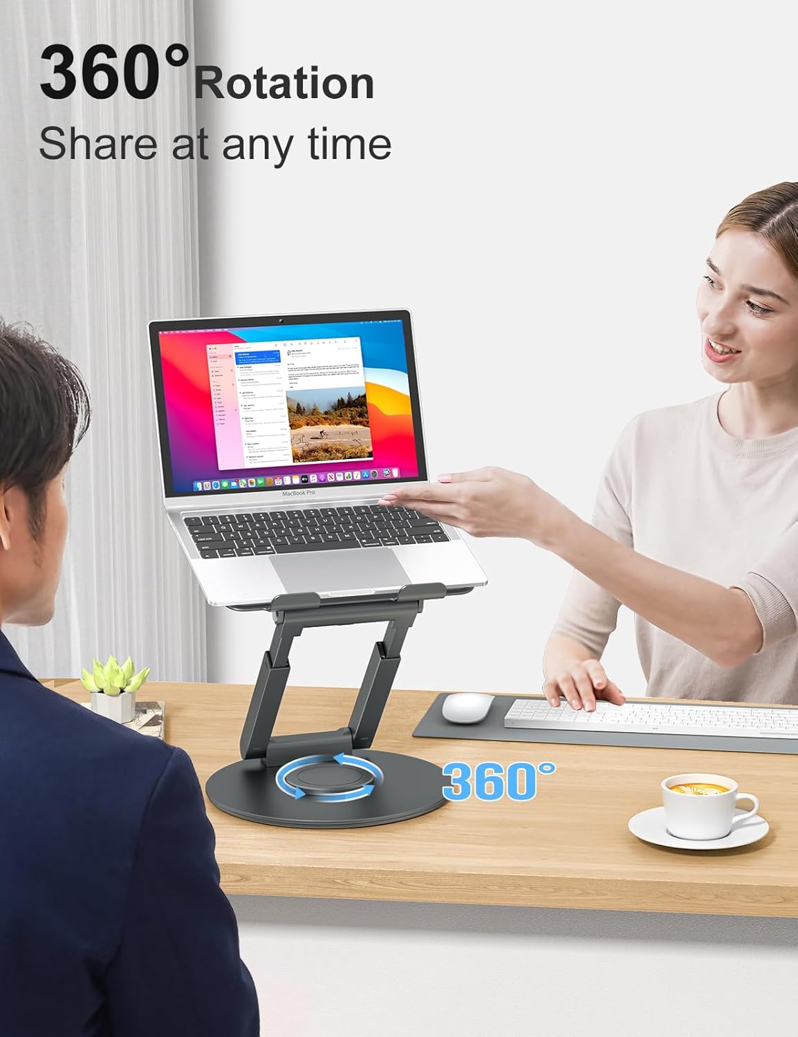 Highlights the product's ability to rotate 360 degrees, allowing easy sharing and viewing from any angle.