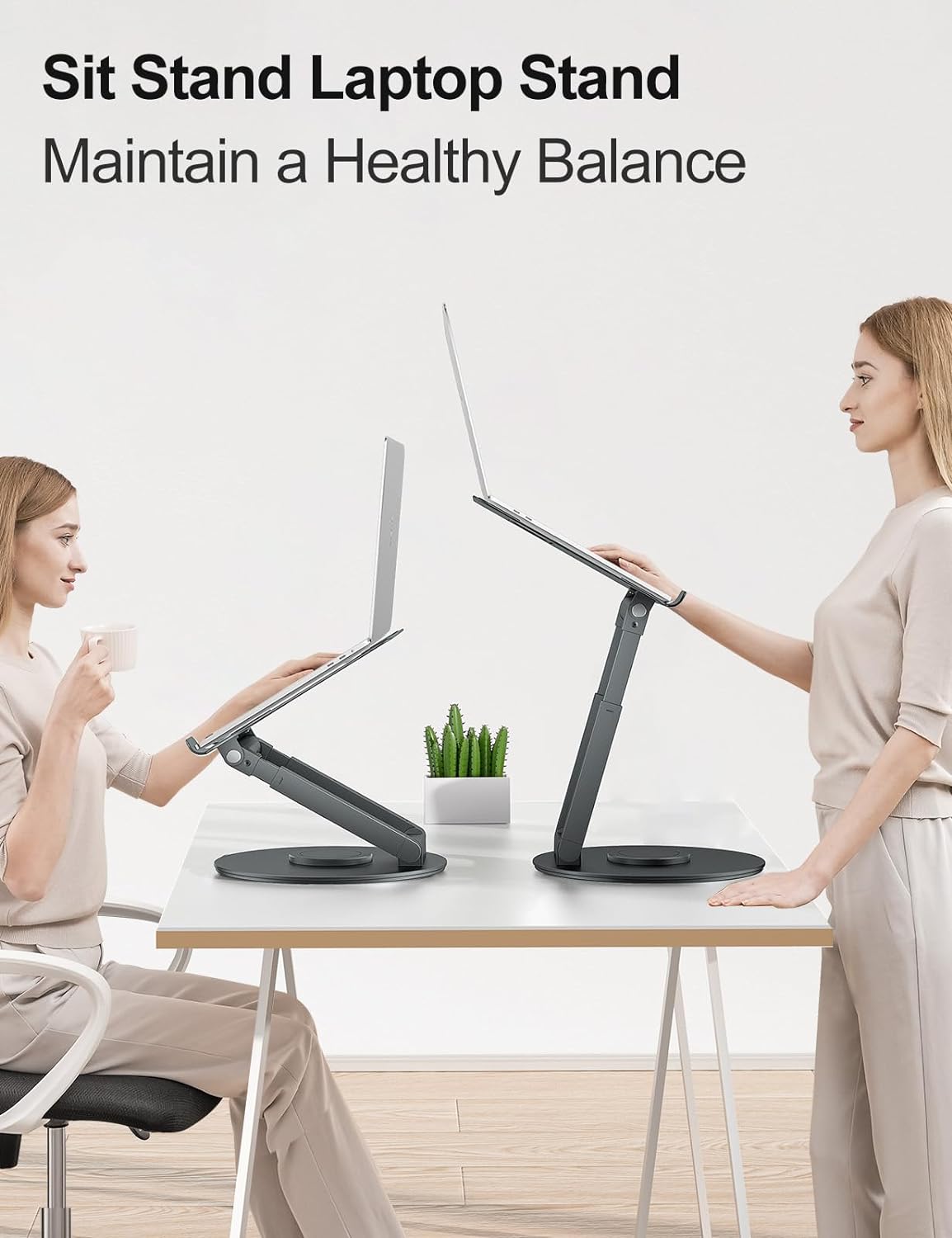 Demonstrates the product's ability to be used in both sitting and standing positions, promoting a healthier work environment. Highlights the ergonomic benefit of maintaining a healthy balance while…