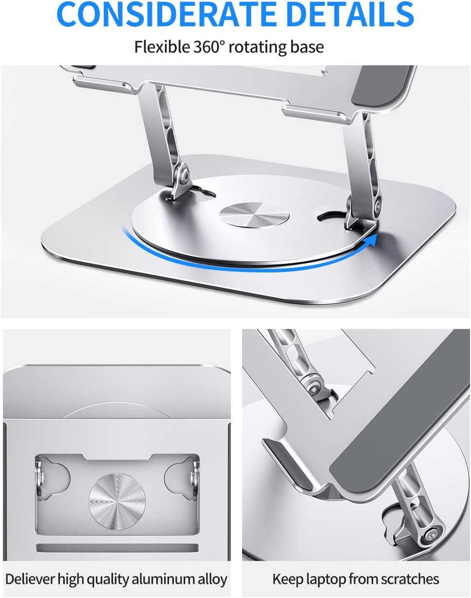 Highlights the flexible 360° rotating base and high-quality aluminum alloy construction of the laptop stand, emphasizing its considerate design details.