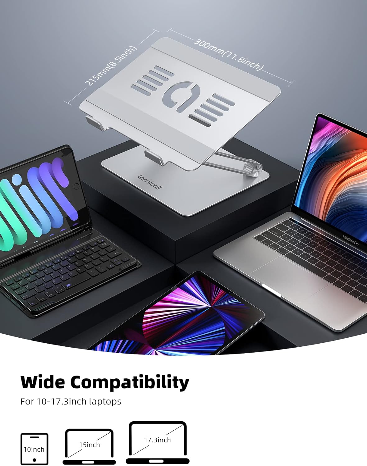 Demonstrates the product's compatibility with a wide range of devices, from tablets to various laptop sizes. Provides exact dimensions of the product to help customers understand its size and fit…