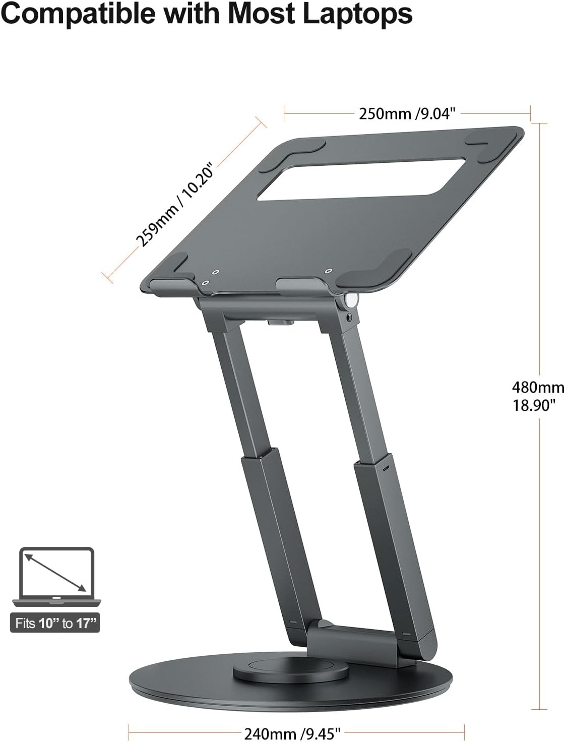Demonstrates that the laptop stand is compatible with a wide range of laptop sizes, from 10" to 17". Provides exact measurements of the stand and shows its adjustable height feature to help…