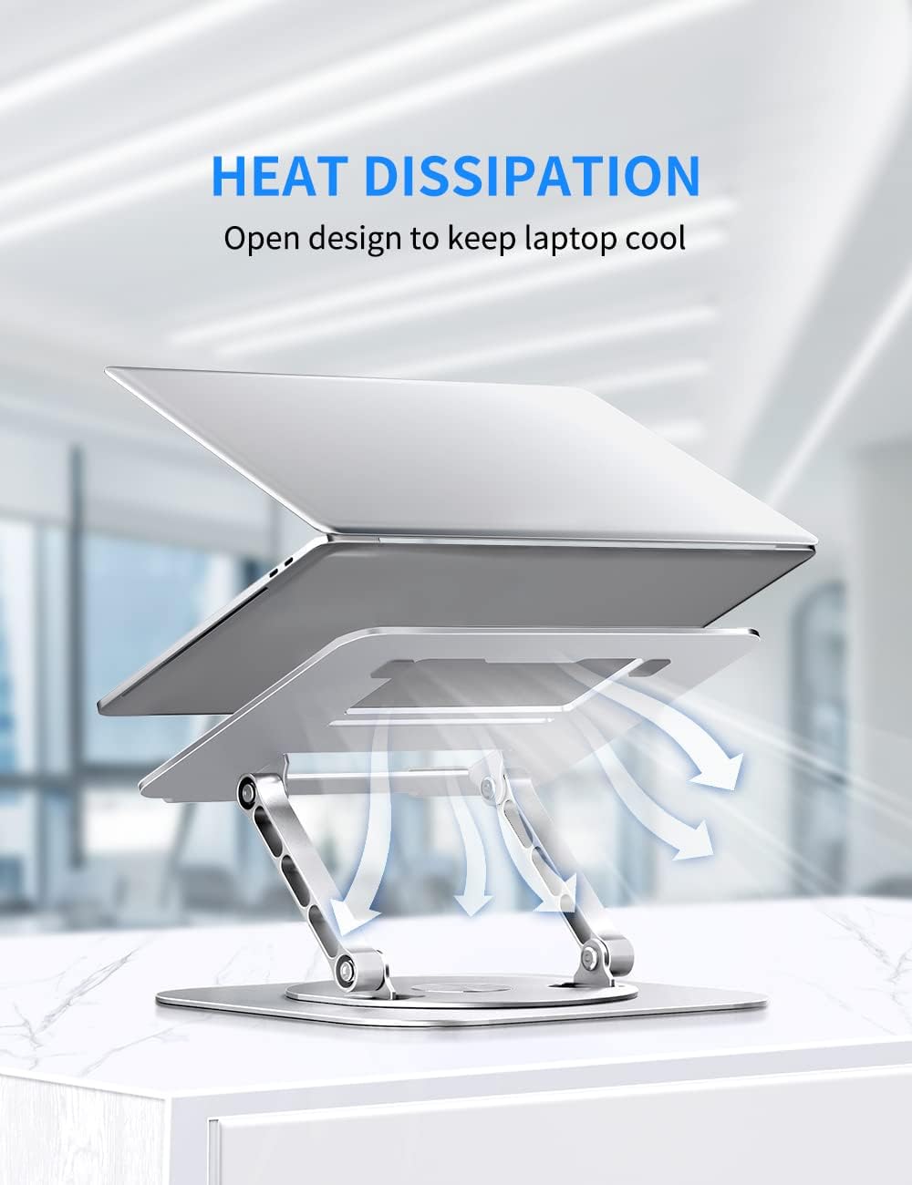 Highlights the laptop stand's open design that allows for better airflow and cooling of the laptop.