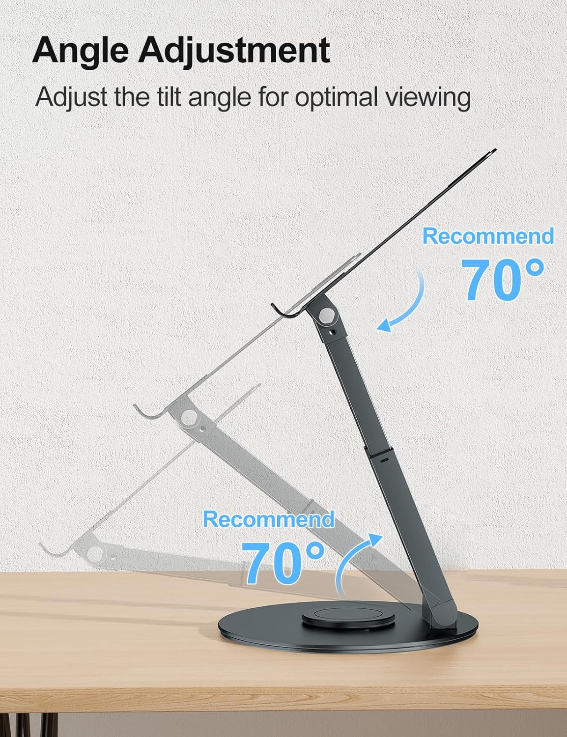 Demonstrates the product's ability to adjust tilt angle for optimal viewing, highlighting the recommended 70-degree angle.