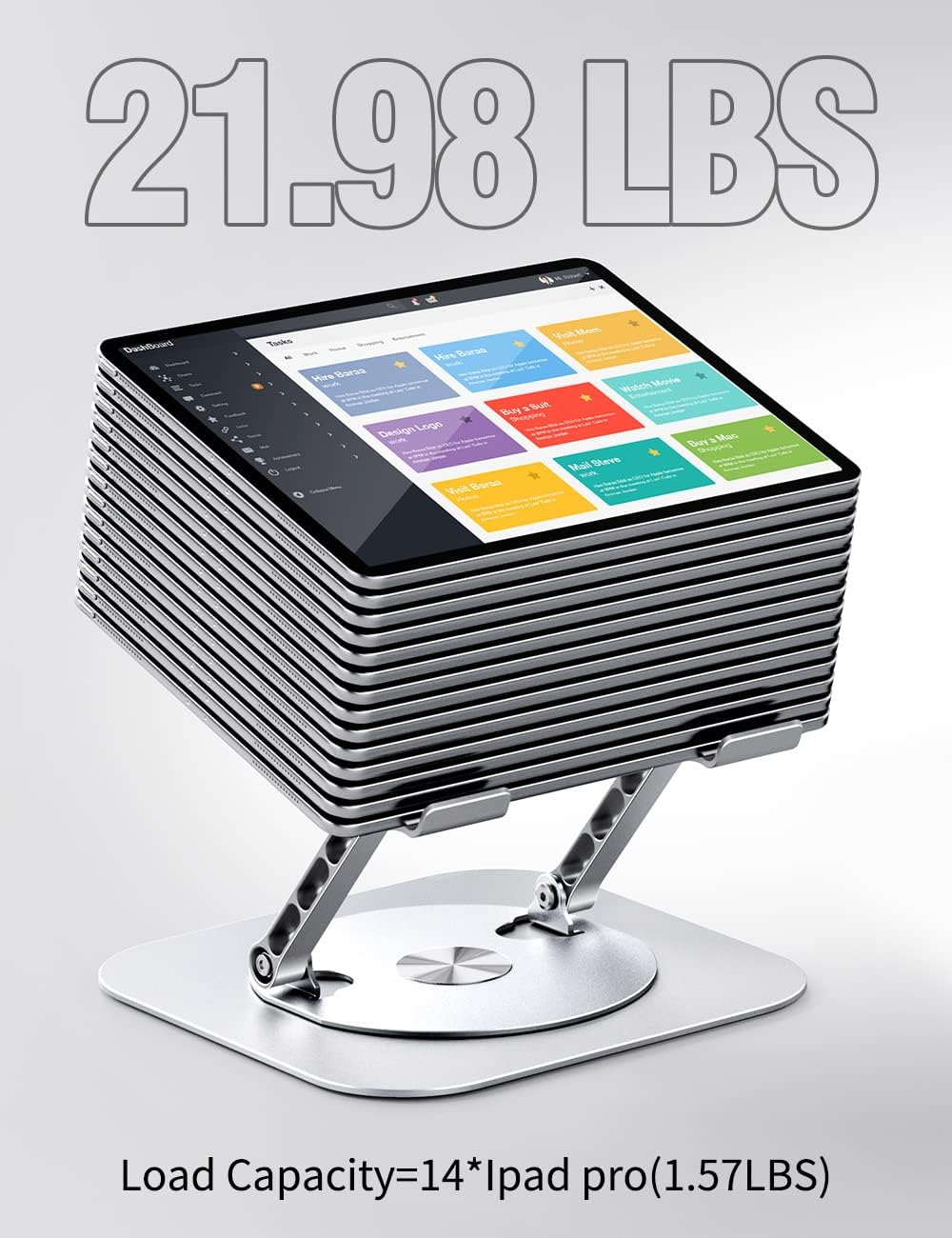 Demonstrates the impressive weight capacity of the tablet stand, showing it can support multiple devices.
