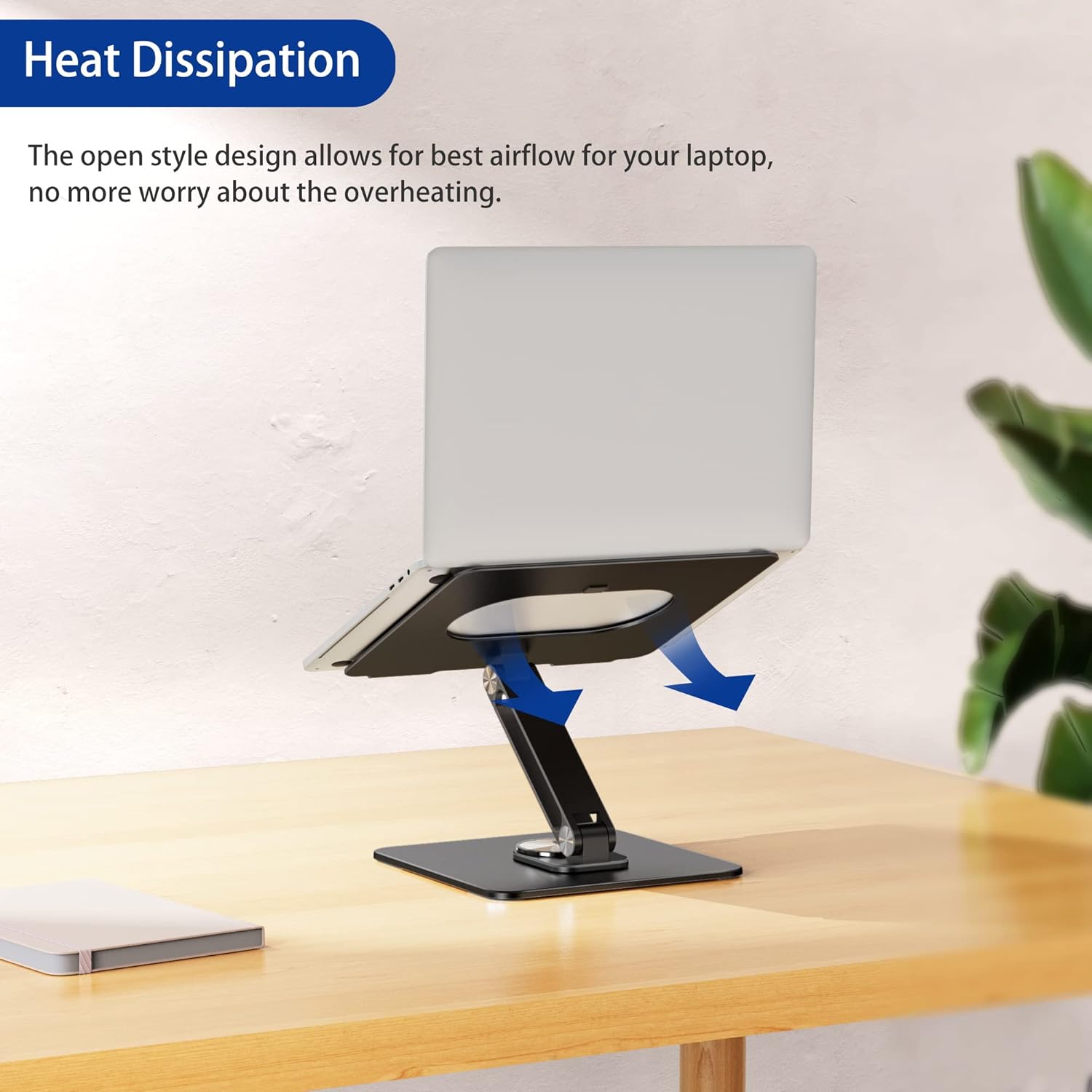 Highlights the product's open design that allows for better airflow, preventing laptop overheating.