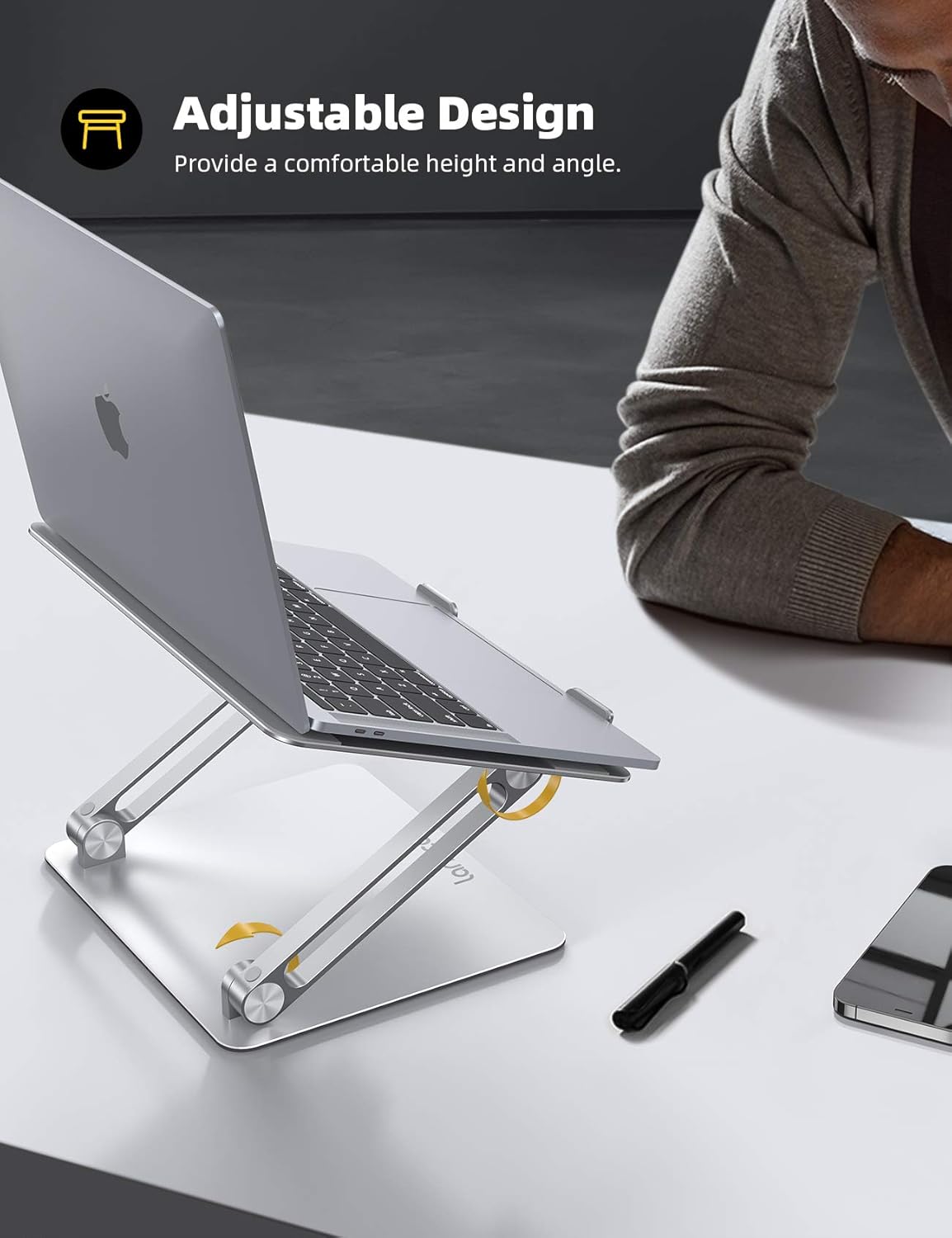 Highlights the product's adjustable height and angle feature to provide a comfortable ergonomic setup for laptop users.